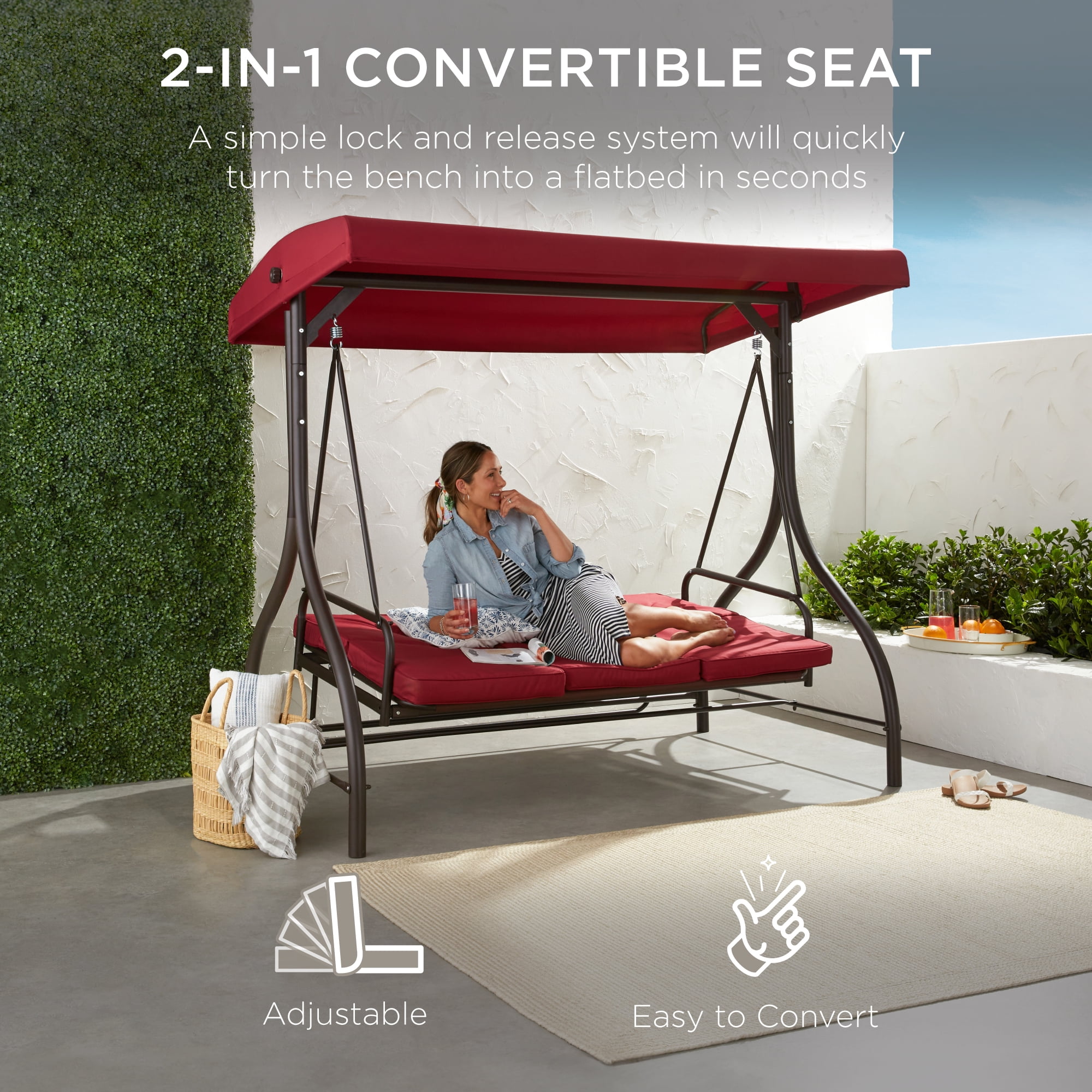 Best Choice Products 3-Seat Outdoor Converting Canopy Swing Glider Patio Hammock w/ Removable Cushions - Burgundy