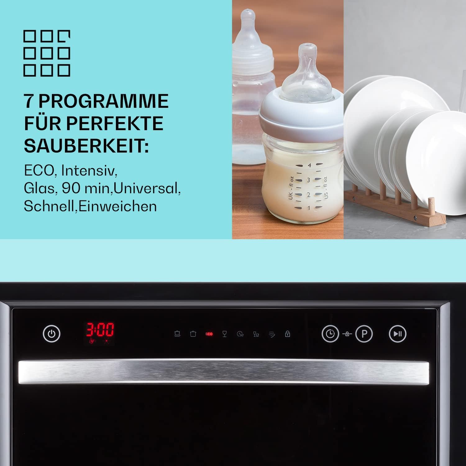 Klarstein  ia 8 - Spülmaschine, Geschirrspüler, Freistehend, Teilintegriert, F, 55 cm breit, 8 Maßgedecke, 6 Programme, Aquastop, silber