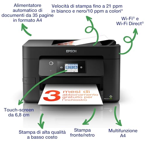 Epson WorkForce Pro WF 3820DWF, Stampante Multifunzione, Inkjet A4 Fronte/Retro, Fax, Scansione, Copia, ADF 35 Pagine, Velocità 21 Pagine al Minuto : Informatica