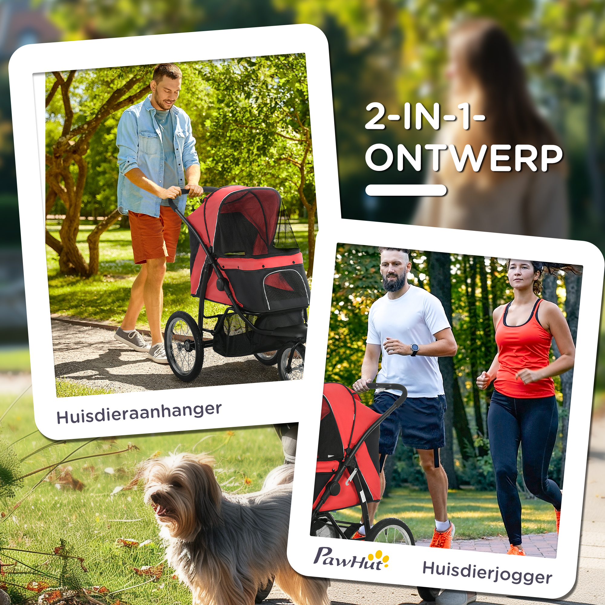 PawHut Opvouwbare hondenwagen met zonbescherming, netvensters en opbergmand - Rood, 111 x 58 x 107 cm