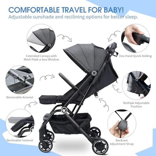 AOODIL Passeggino Leggero, Passeggino da Viaggio Compatto con Schienale Regolabile, Bambini Passeggino per Neonati Pieghevole con Una Sola Mano per Viaggi in Aereo e Altro Ancor : Prima infanzia