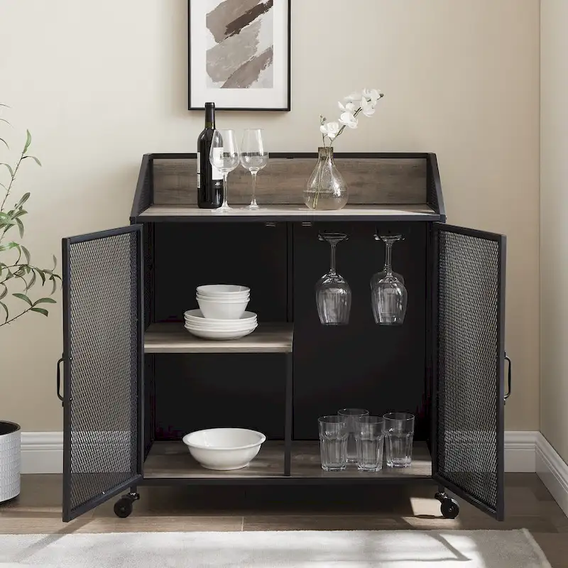 Industrial Bar Cabinet Cart with Mesh Doors Shelves and Wheels