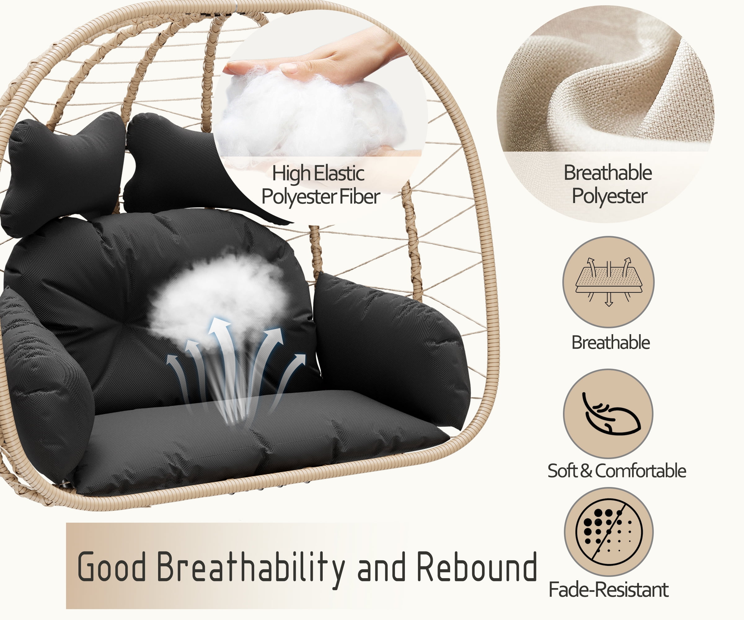 Bifanuo Double Wicker Swing Egg Chair Hammock Foldable Hanging Loveseat with Stand, UV Resistant Removable Cushions, 700LBS Capacity for Bedroom, Balcony (Black and Beige)