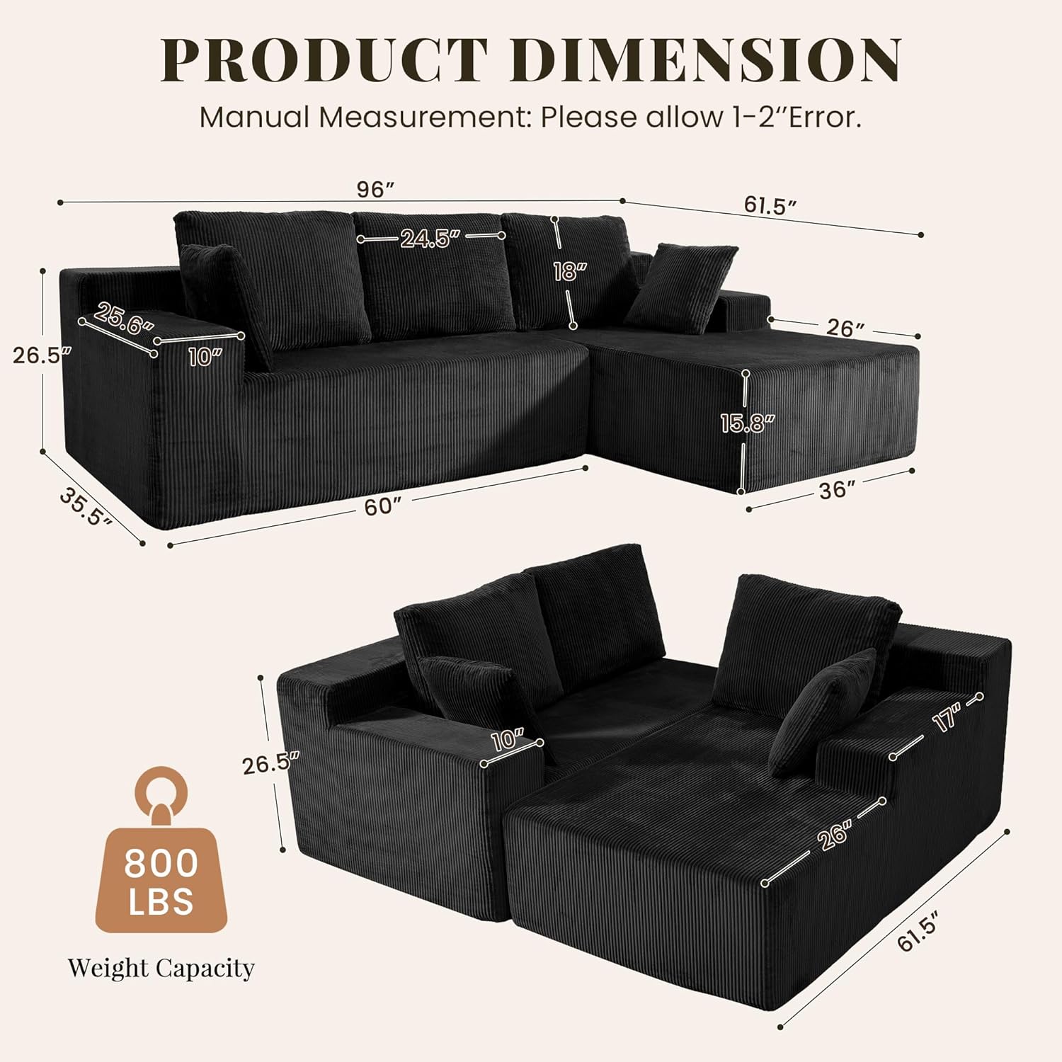 GRUSIGN Cloud Sectional Boneless Couches for Living Room, Modular L Shaped Couch with Deep Seat Oversized Right Facing Chaise, Memory Foam Compressed Spineless 3 Seater Sofa for Apartment, Black