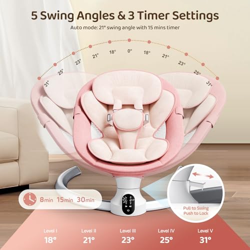 Brolteja Sdraietta Neonati Elettrica 0 9 kg,Dondolo Neonati Elettrico con Telecomando e Bluetooth,Sdraietta Neonati con 5 Ampiezza di Dondolio e Cintura di Sicurezza a 5 Punti,Rete per Insetti (Rosa) : Prima infanzia