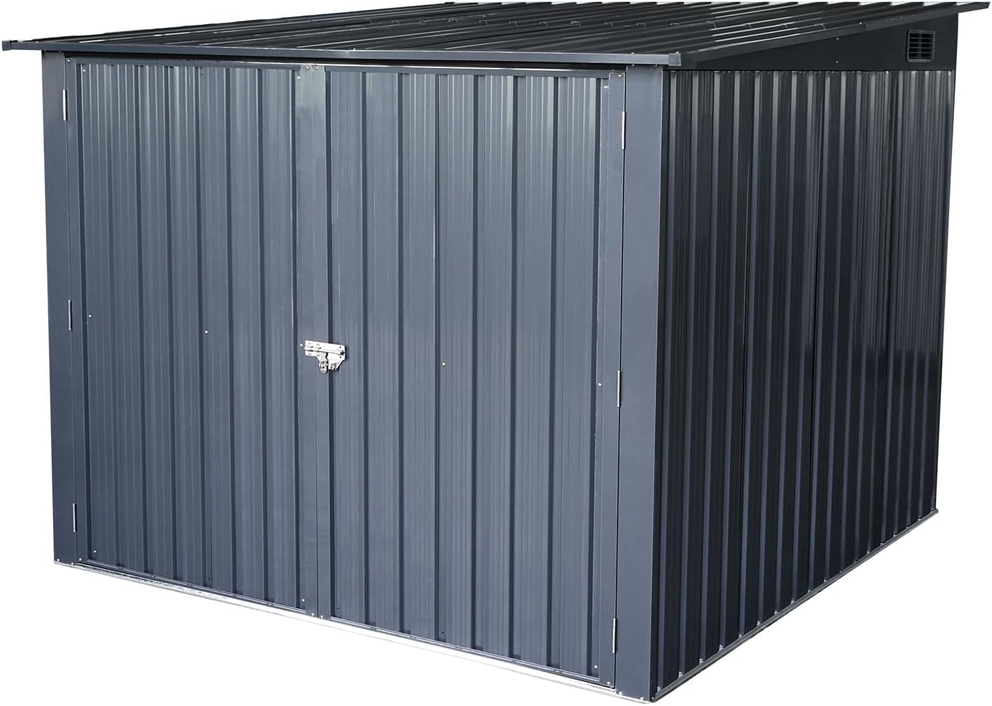 5-foot outdoor steel bicycle storage shed with a sloping roof and 4 bicycle tracks. Bicycle storage shed, black version.