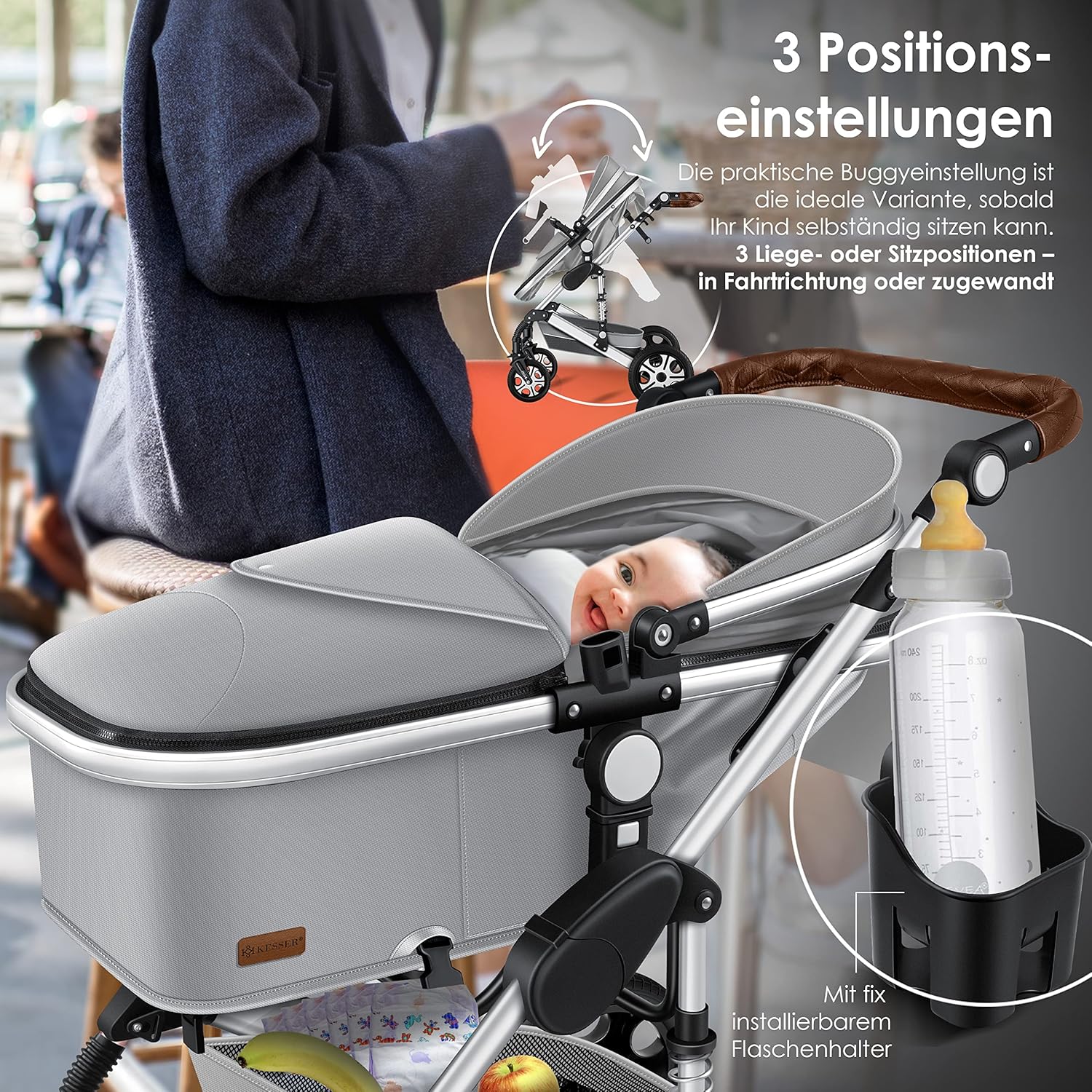 KESSER® Loops 3 in 1 Kinderwagen Kombikinderwagen Komplett-Set inkl. Babywanne & Buggy Sportsitz & Auto-Babyschale Voll-Gummireifen Wickeltasche Regenschutz Kindertisch ECE R129, Grau/Silber