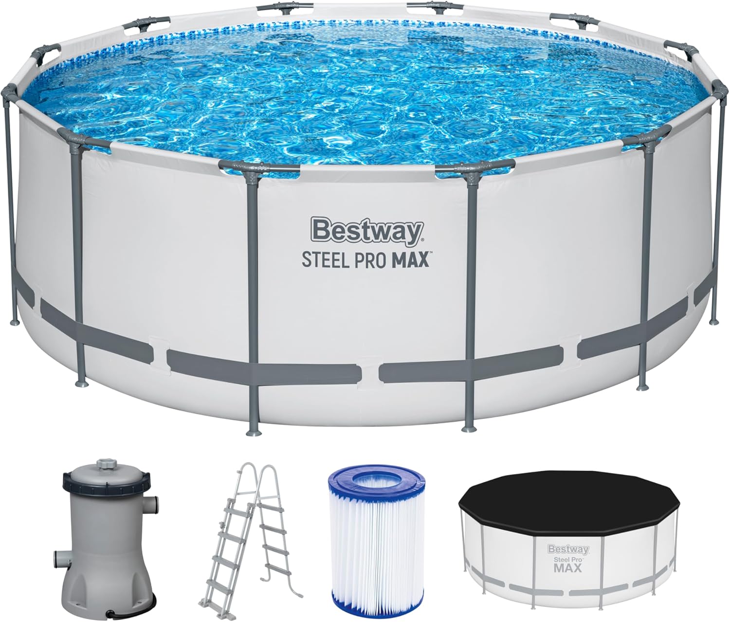 Bestway Steel Pro MAX Frame - Piscina Completa con Bomba de Filtro (diámetro 366 x 122 cm), Color Gris Claro