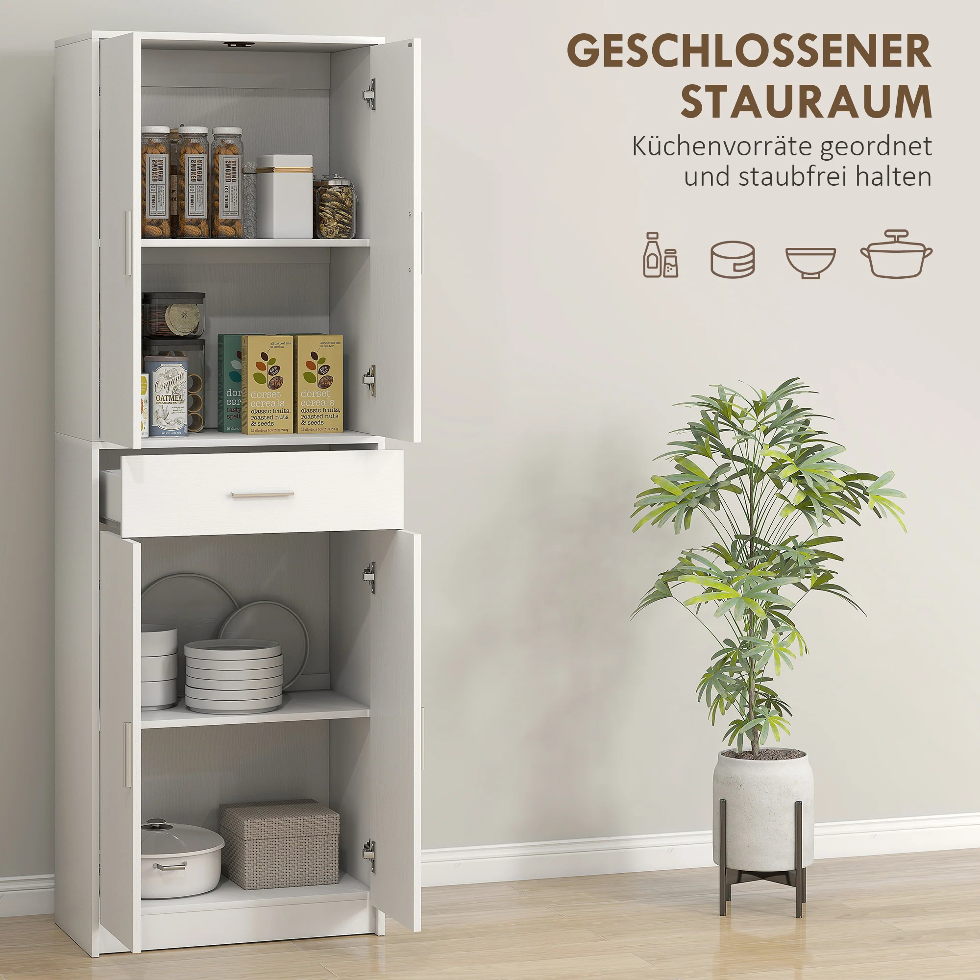 HOMCOM Keukenkast, 3-traps verstelbare planken, Spaanplaat, MDF, veel opbergruimte, Wit