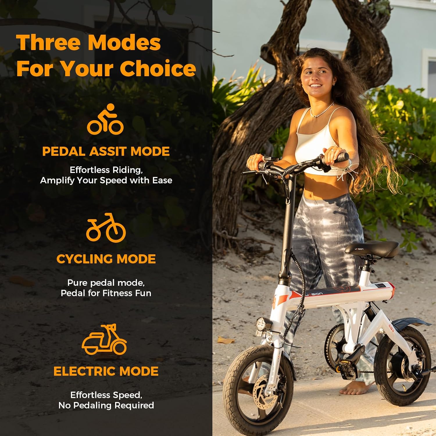 Jasion EB3 Electric Bike for Adults 21mph Folding Adults Electric Bicycles, 350W Brushless Motor, 36V 7.5Ah Battery, Center Suspension, 3 Levels Assist, 14 Foldable ebike for Adults and Teens