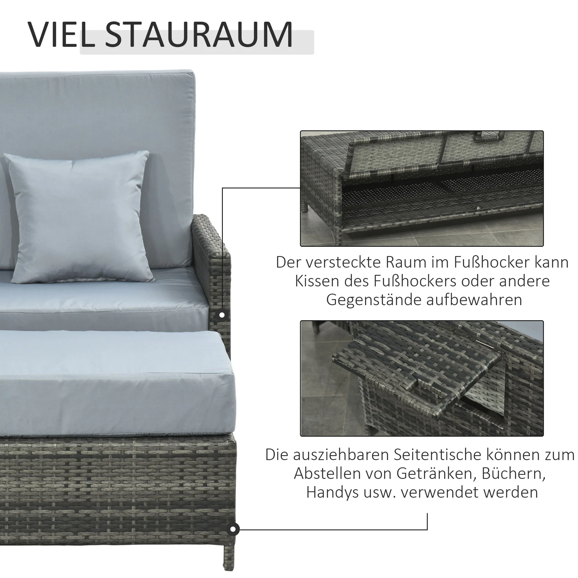Outsunny Poly-rotan loungebank 2-zits set ligstoel kruk grijs