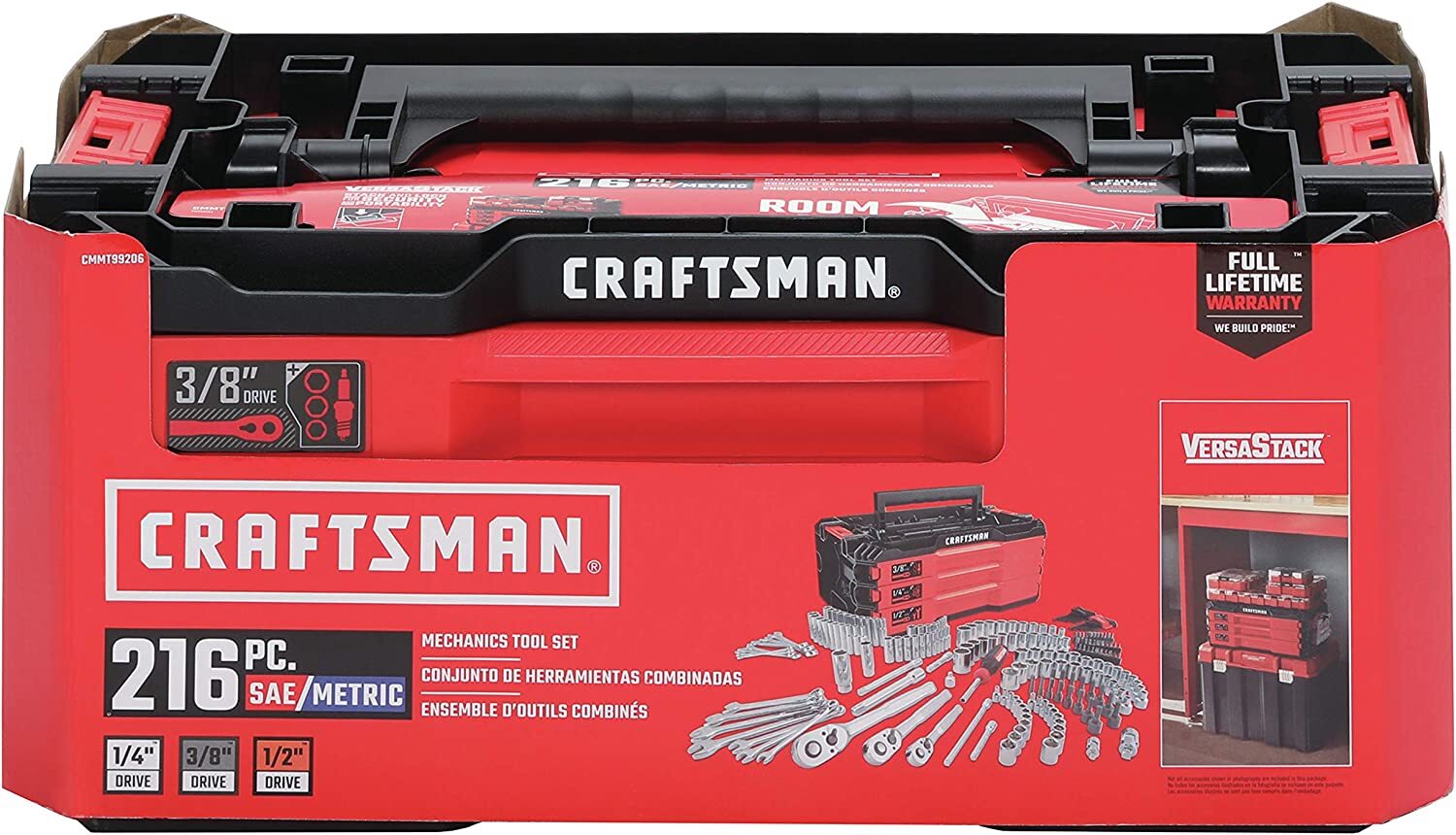CRAFTSMAN Mechanics Tools Kit, 216-Piece with 3-Drawer Box, Chrome Finish, 72-Tooth Ratchets, 6-Point Sockets, VERSASTACK Compatible