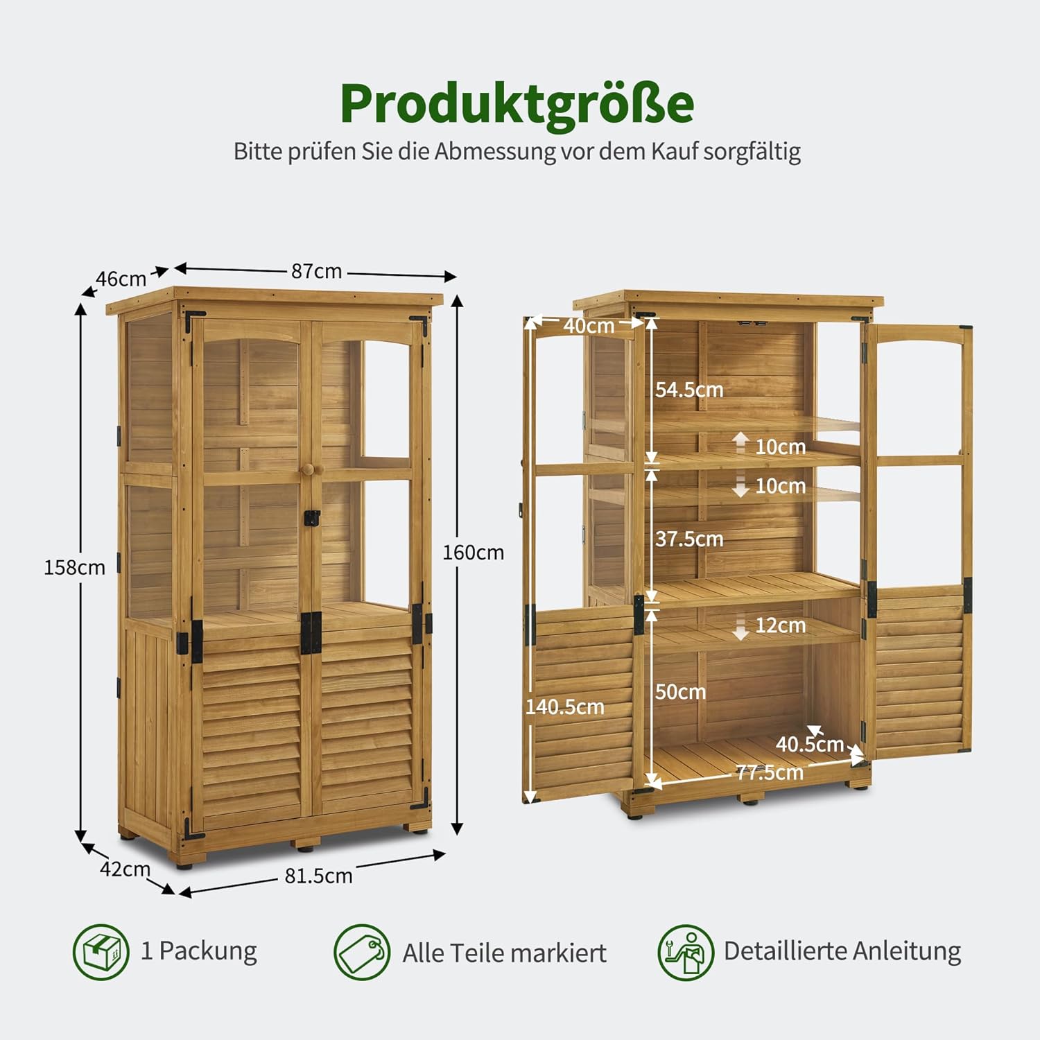 M MCombo Gartenschrank Holz 0120, Gerätehaus Wetterfest Klein, Outdoor Gartenhaus Geräteschuppen für Außenbereich Terrasse Balkon, 87×46×160 cm, (Natur)