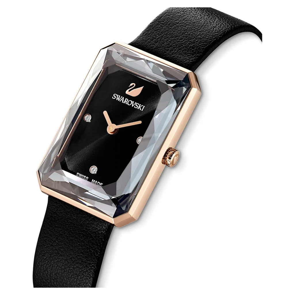 Swarovski Uptown Rectangular Case Black Dial Black Leather Strap Women's Watch 5547710