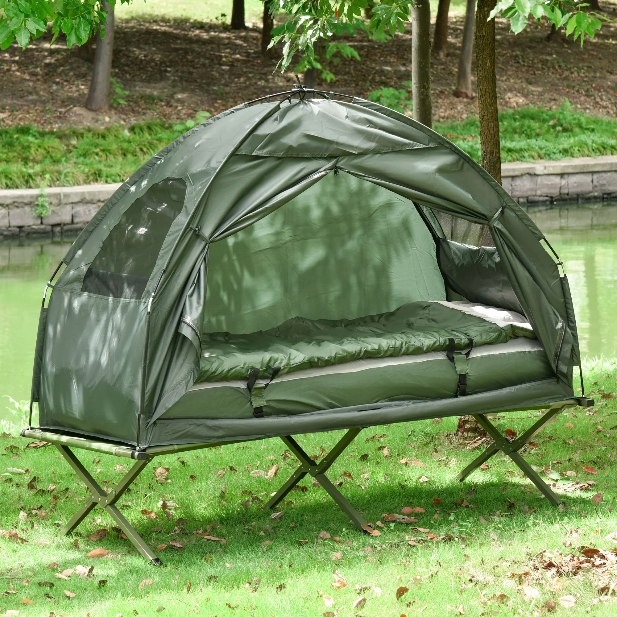 Outsunny Campingbed voor volwassenen - 4-in-1 set met tent, slaapzak, matras en waterdichte comfortabel opvouwbare, donkergroen