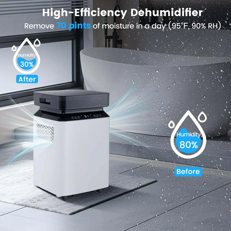 70-Pint Dehumidifier for Basement Home, 4,500 Sq.Ft Dehumidifier with Drain Hose, Pump, 2.2 Gal Water Tank, 24H Timer