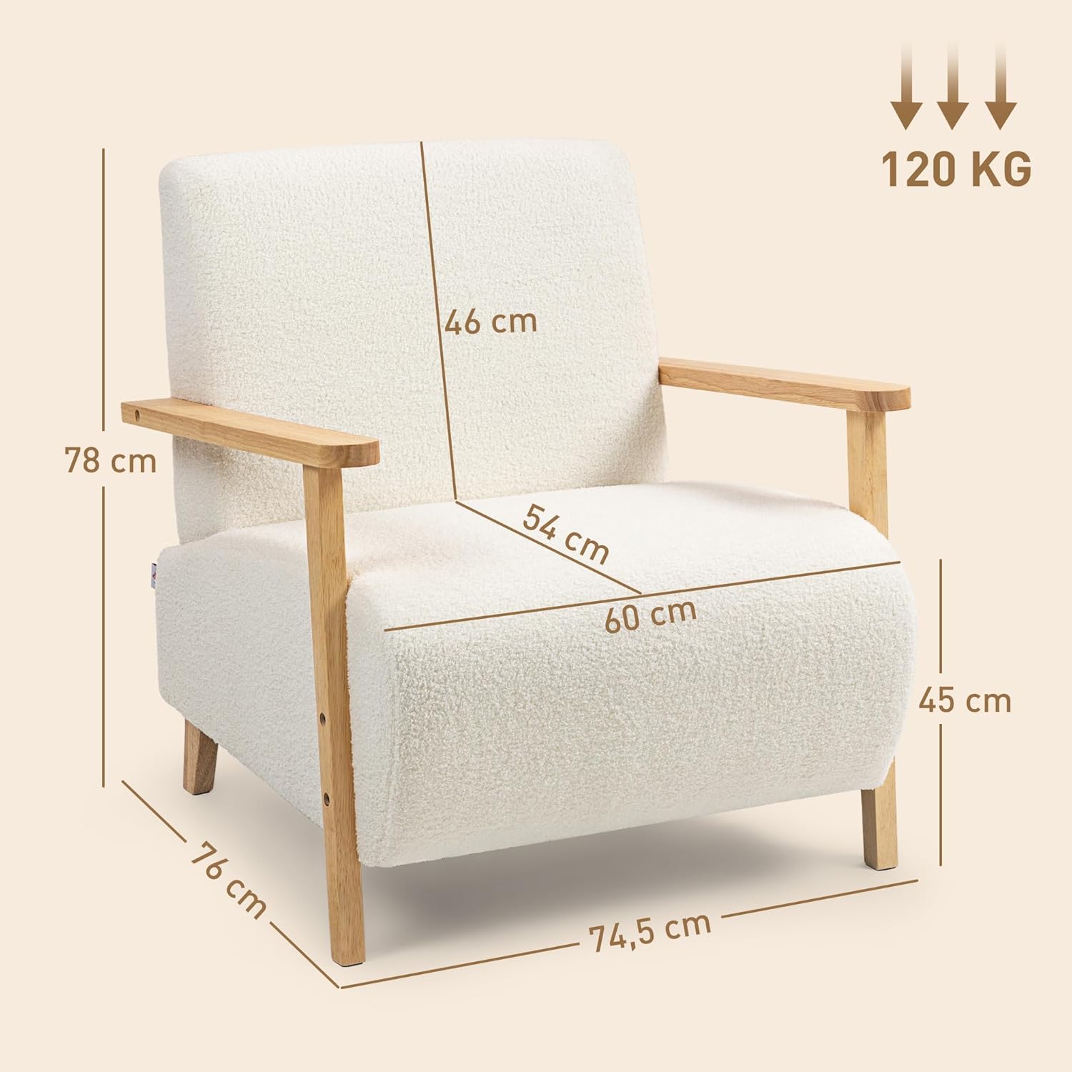 HOMCOM Sessel mit Rückenlehne, Armlehnen, Gepolstert Loungesessel mit Sherpa-Optik, Holzbeine, für Schlafzimmer, Wohnzimmer, bis 120 kg, Cremeweiß