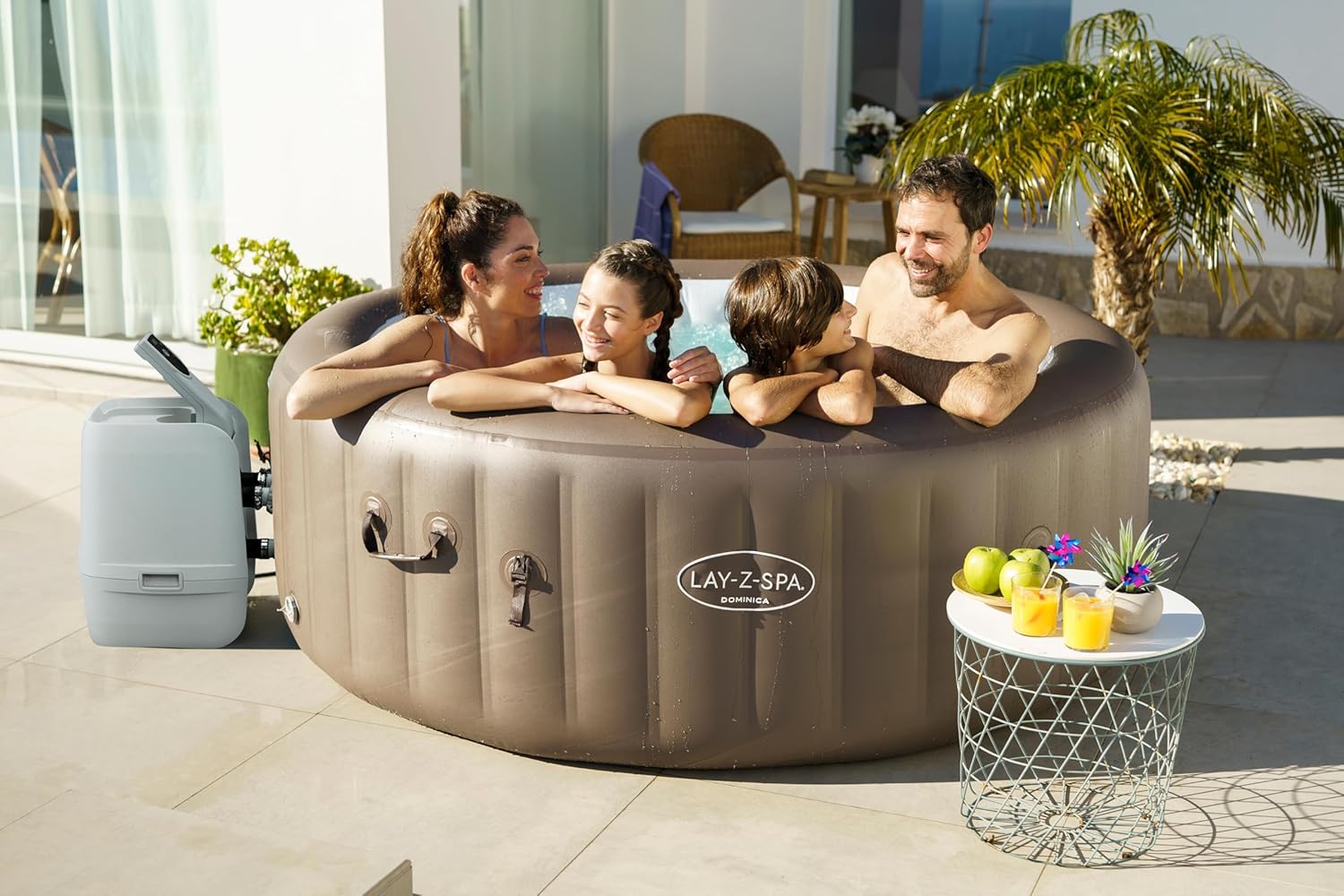 Bestway Lay-Z-SPA Whirlpool Dominica HydroJet, Ø 196 x 71 cm, 6 Personen, Heizung, Frostwächter, 4 HydroJet-Düsen, 140 AirJet-Düsen, App-Steuerung, Thermo-Abdeckung, Energieeffizient, Urbanbraun