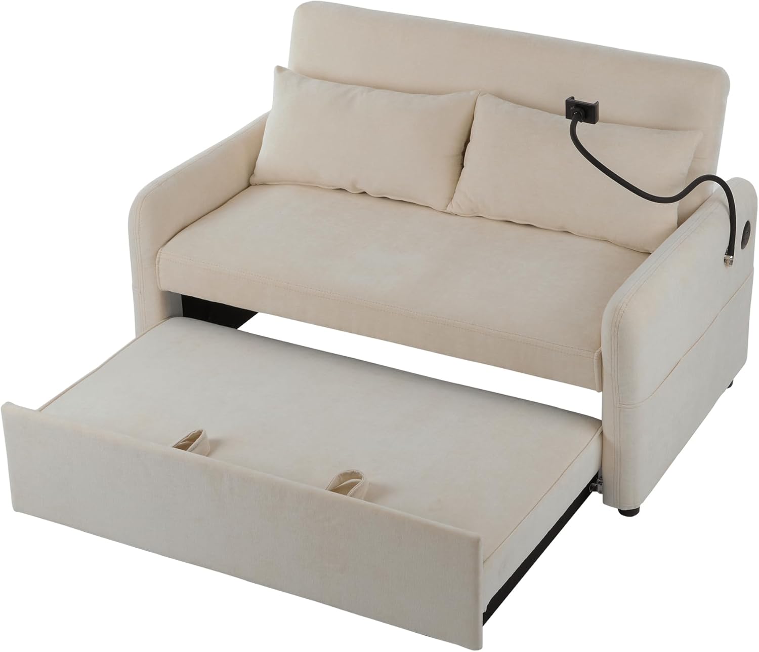 Azkoeesy Sofá cama plegable con función de sueño, sofá de 2 plazas con respaldo ajustable, soporte para teléfono móvil, USB, 2 almohadas, tela de chenilla, para salón, dormitorio, cine en casa (beige)