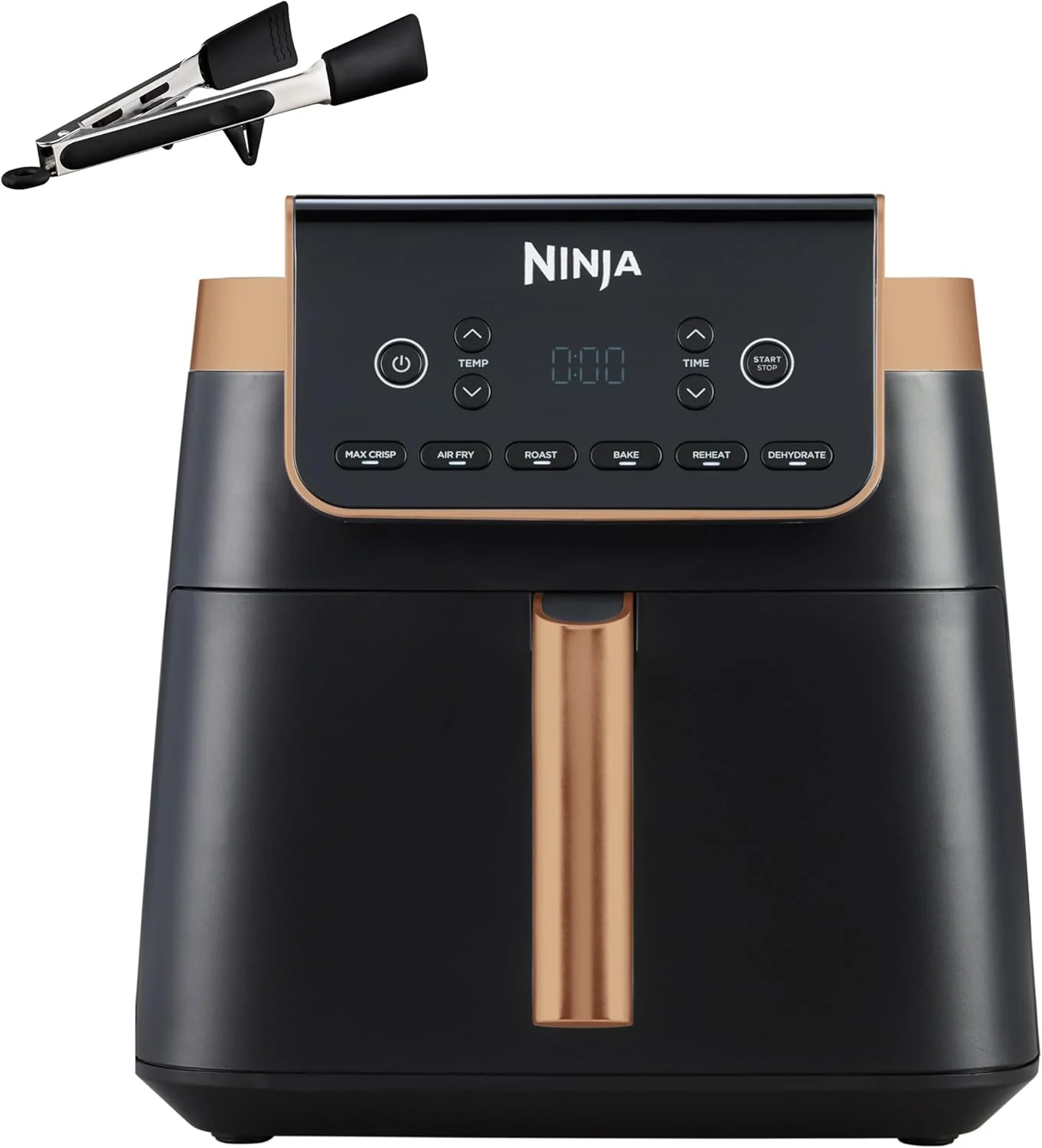 Ninja heteluchtfriteuse MAX PRO, 6,2 L, oliearm, grote lade, braden, bakken, airfryen, antiaanbaklaag, vaatwasmachinebestendige mand en crisperplaat, siliconen tang, zwart/koper, AF180EUCP