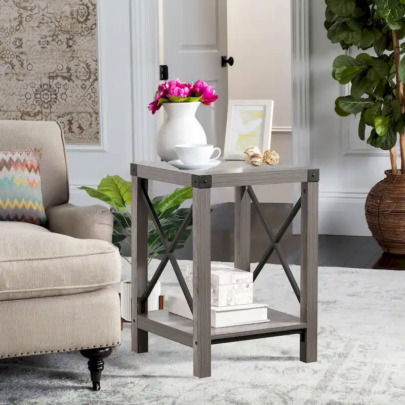 Ledel Rustic Farmhouse Accent End Table with Storage Shelf