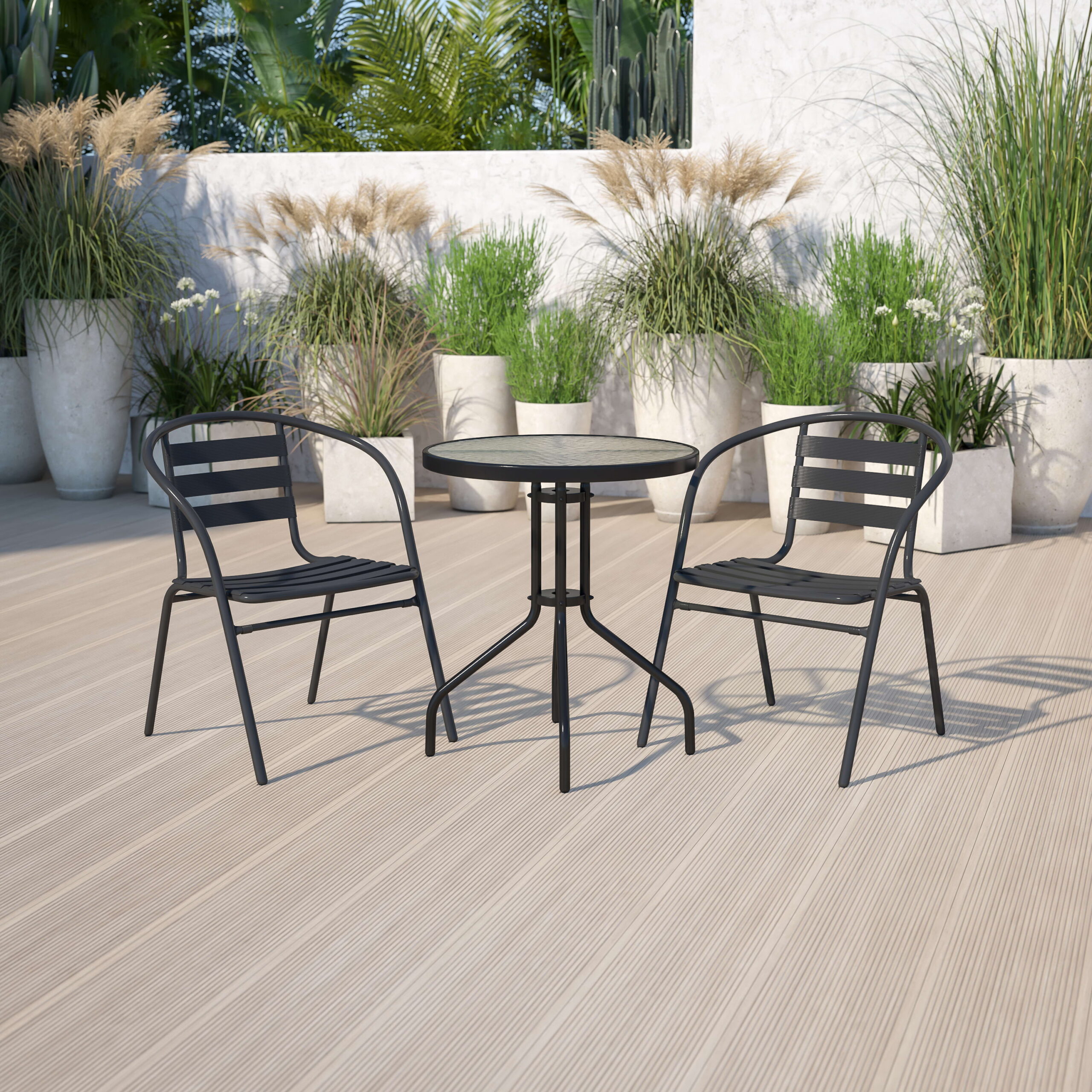 23.75  Round Glass Metal Table with 2 Black Metal Aluminum Slat Stack Chairs