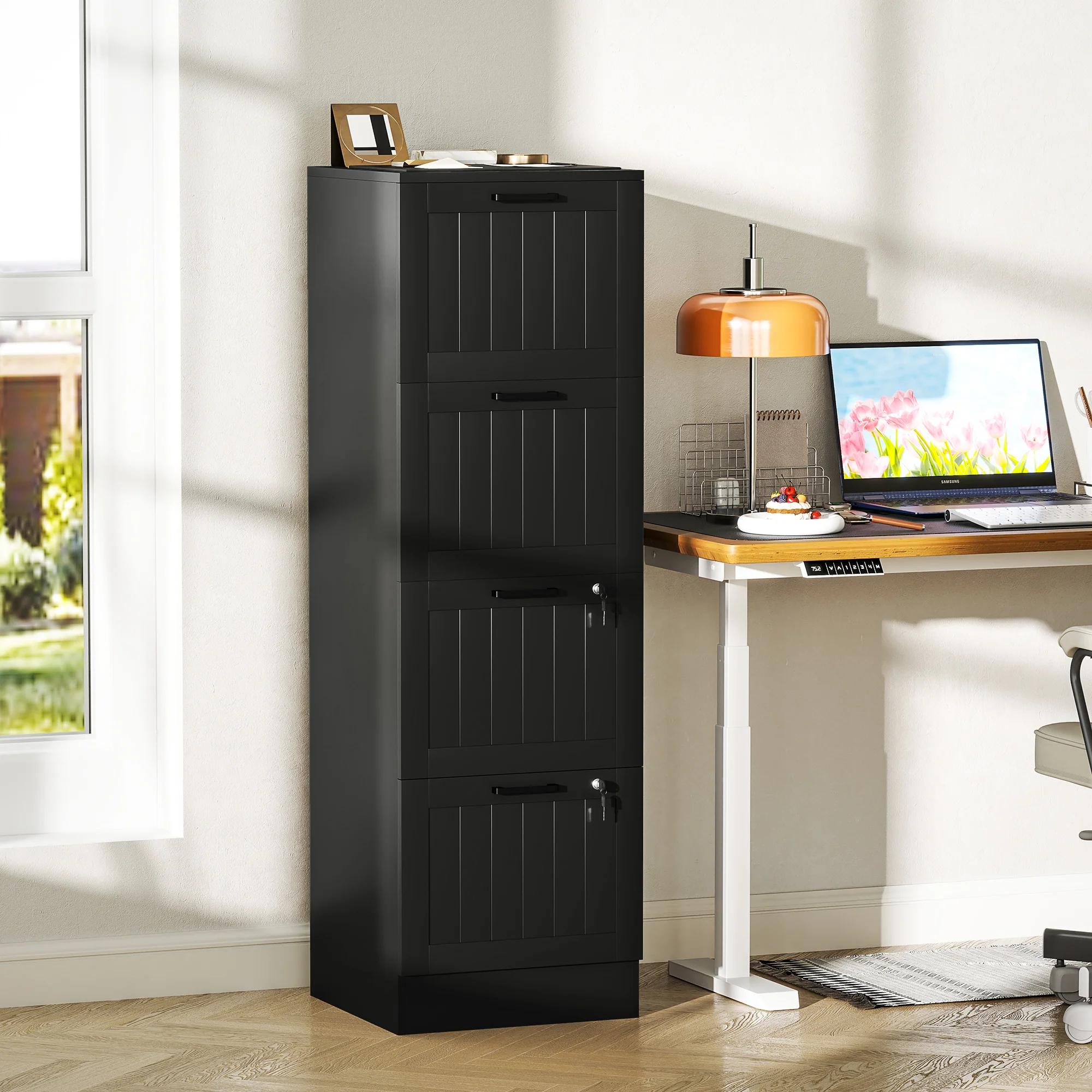 Cassettiera Portadocumenti a 4 Cassetti 40x40x131 cm 2 Serrature in Legno Nero