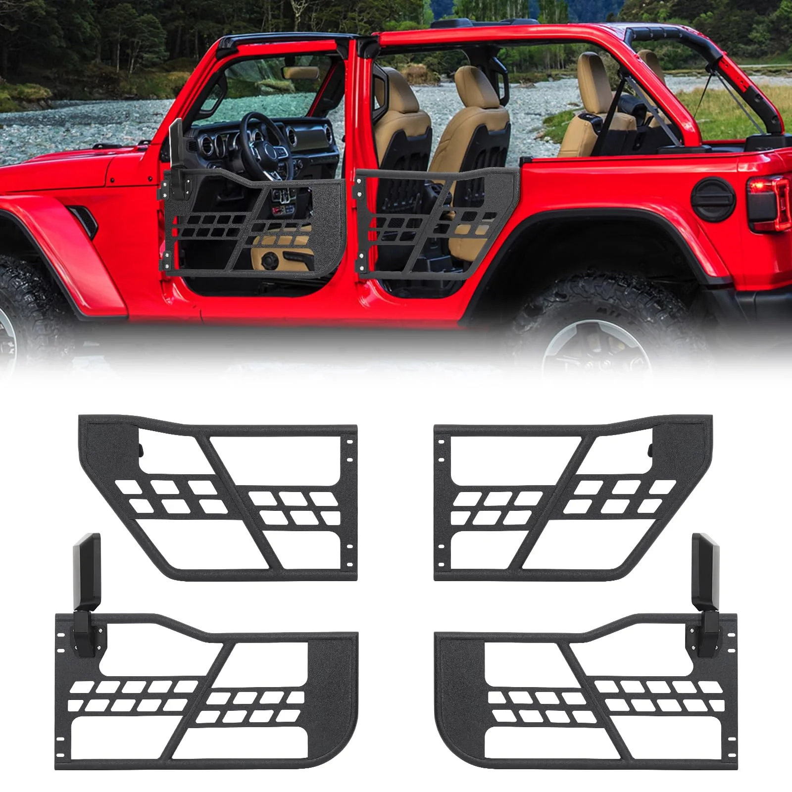 2026 Nuevas puertas tubulares todoterreno tipo safari compatibles con Wrangler JL 4 puertas 2018 a 2023 juego de 4 medias puertas estilo tubo para aventura