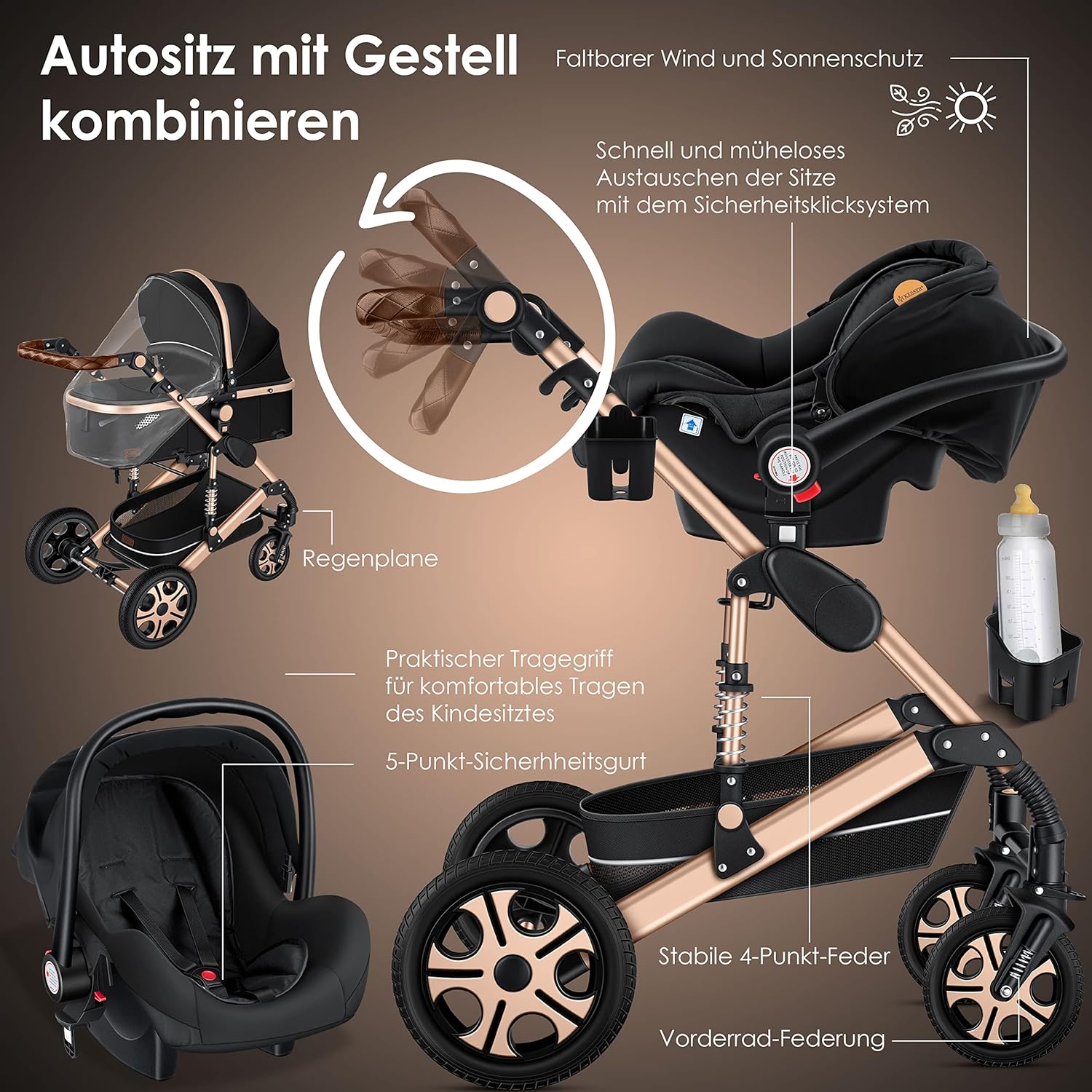 KESSER® Loops 3 in 1 Kinderwagen Kombikinderwagen Komplett-Set inkl. Babywanne & Buggy Sportsitz & Auto-Babyschale Voll-Gummireifen Wickeltasche Regenschutz Kindertisch ECE R129, Grau/Silber
