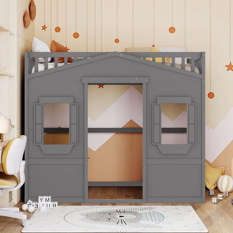 House Loft Bed Twin Kids Playhouse Bed, Solid Wood Loft Bed Frame with Window and Ladder
