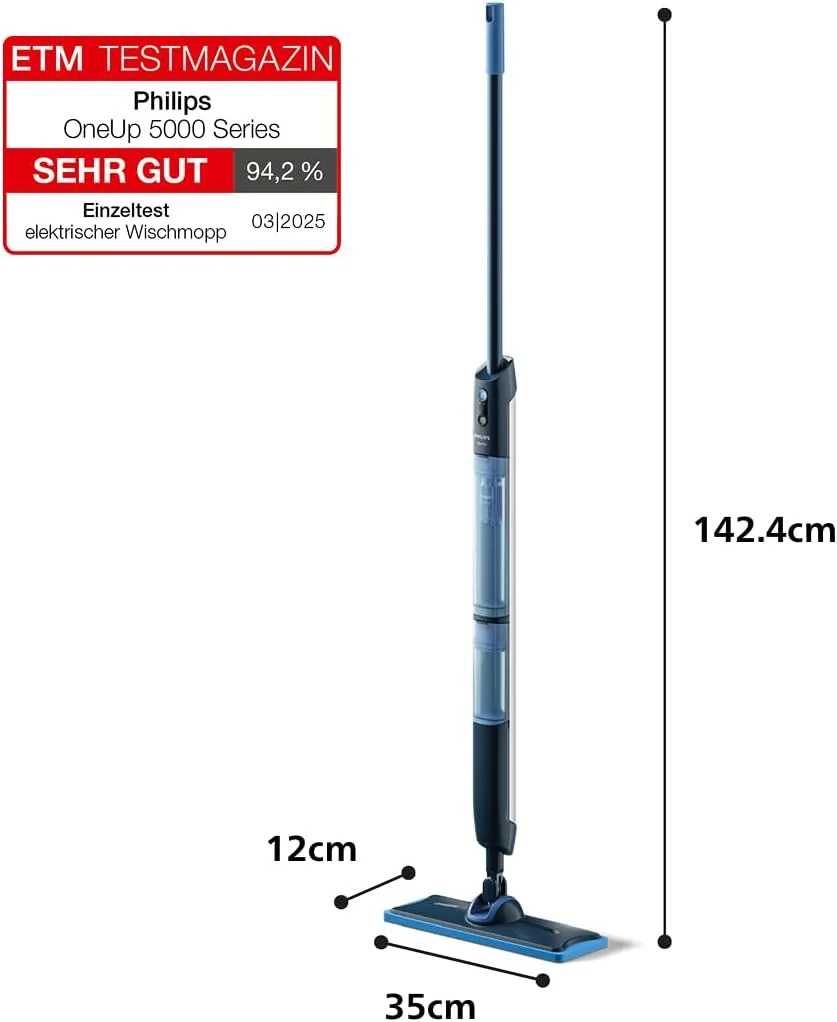 2026 Philips OneUp 5000 Serie Elektrischer Wischmopp - 2X sauberere Böden², 2X schnelleres Wischen, Zwei Feuchtigkeitseinstellungen für Harte & empfindliche Böden, Kabellos mit 360° Drehgelenk (XV5113/01)