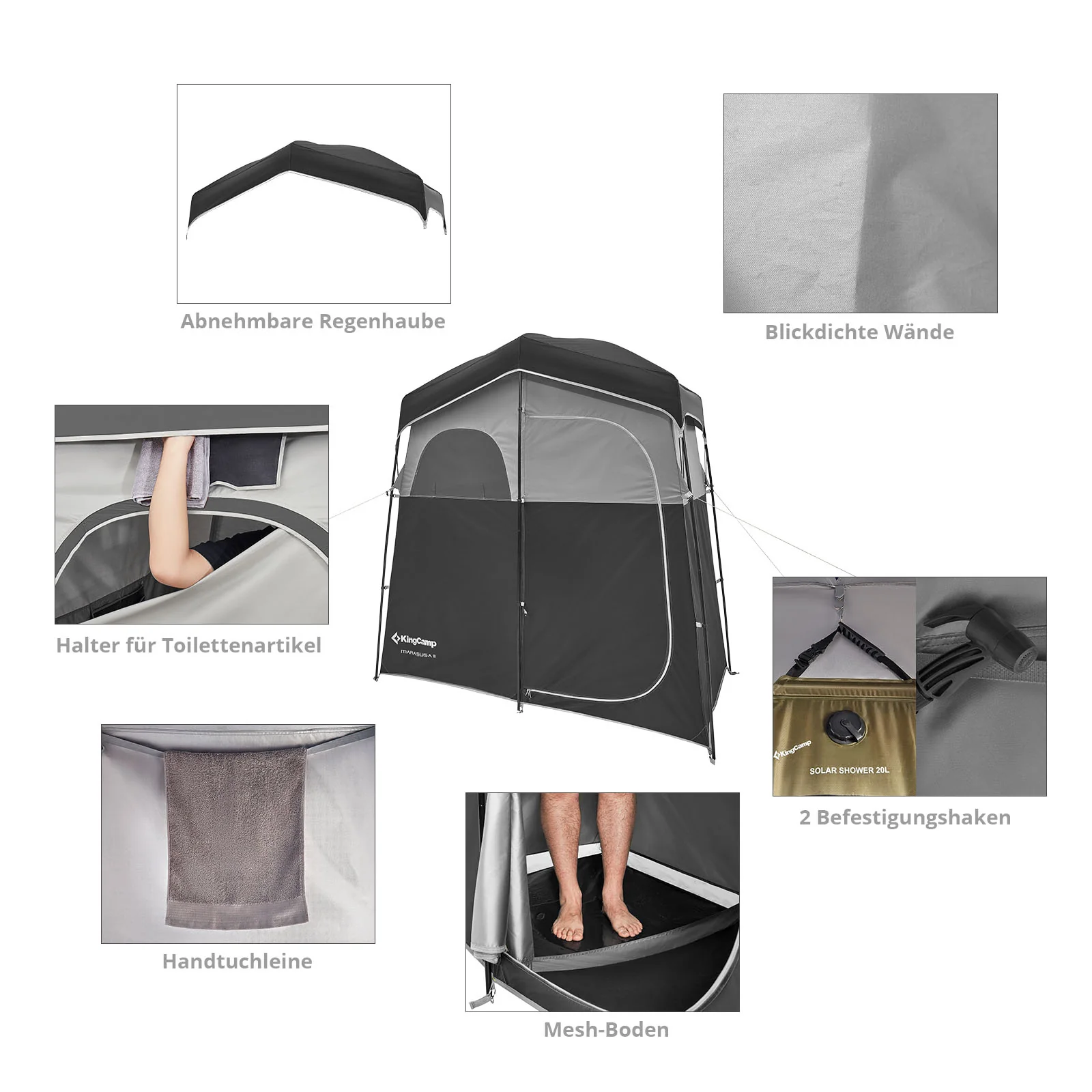 2025 KingCamp Marasusa II – Tienda multifuncional con 2 cabinas, ducha y cabina de prueba con separación, tendedero, protección UV y buena ventilación