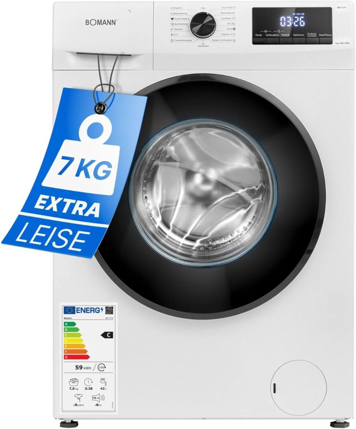 Bomann Wasmachine 7kg | maximaal 1400 tpm | 10 jaar motorgarantie | Effici?nte, stille en duurzame invertermotor | 15 programma's | Eindtijd Netnummer | LED-scherm | Wasmachine | WA 7175 wit