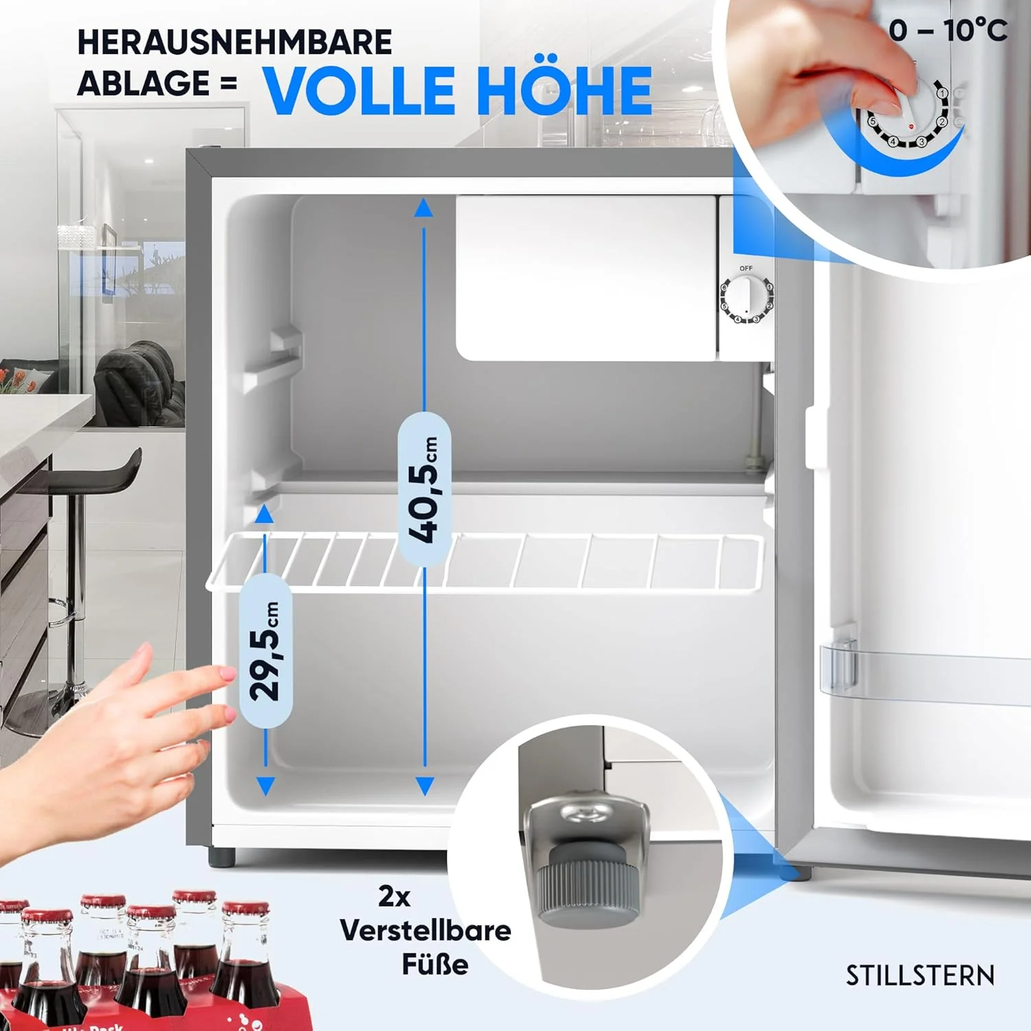 Stillstern minikoelkast E 45L met automatische ontdooiing, slot, vriesvak, stil, ideaal voor keuken, kantoor, slaapkamer, hotels en kleine appartementen, kleine koelkast, minibar, drankenkoelkast