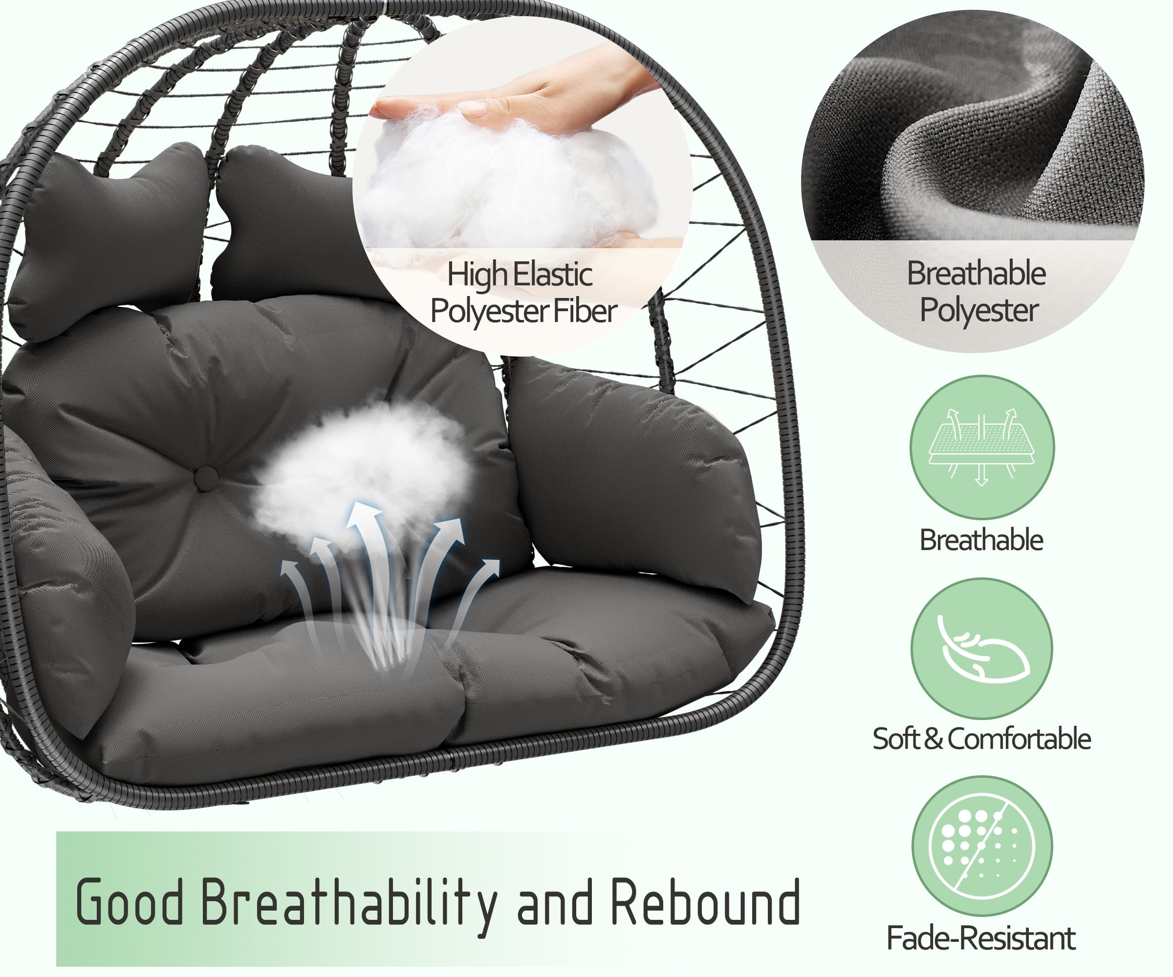 Bifanuo Double Wicker Swing Egg Chair Hammock Foldable Hanging Loveseat with Stand, UV Resistant Removable Cushions, 700LBS Capacity for Bedroom, Balcony (Black and Beige)