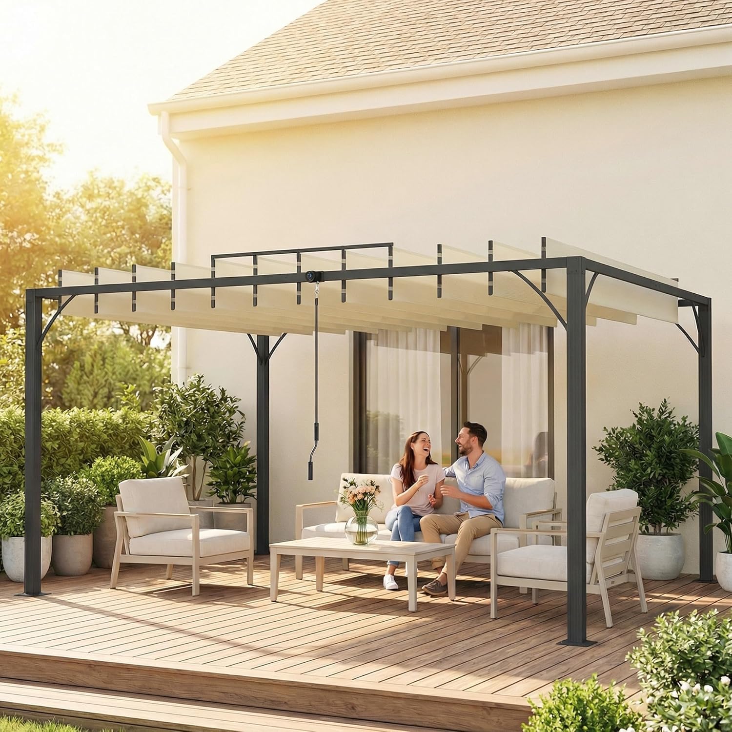 Outsunny Pérgola de Jardín 3x4 m, Cenador de Jardín con Techo de Lamas Orientables a 135°, Columna de Aluminio, Vigas de Hierro, Protección UPF30+, Pabellón para Exterior, Patio, Terraza, Blanco Crema