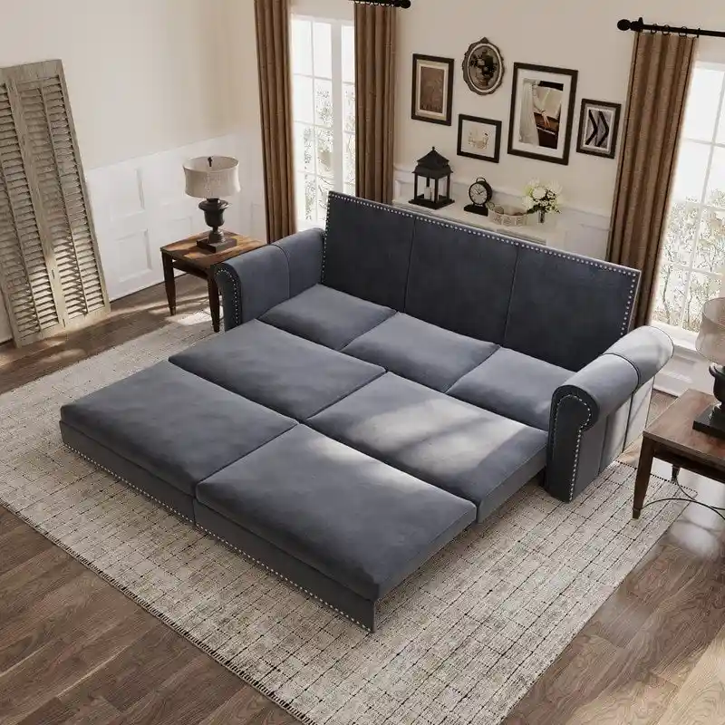 3-in-1 King Pull Out Sofa Bed Chesterfield Sofa, Velvet/Faux Leather Convertible Sleeper Sofa with Nailhead Trim & Rolled Arm