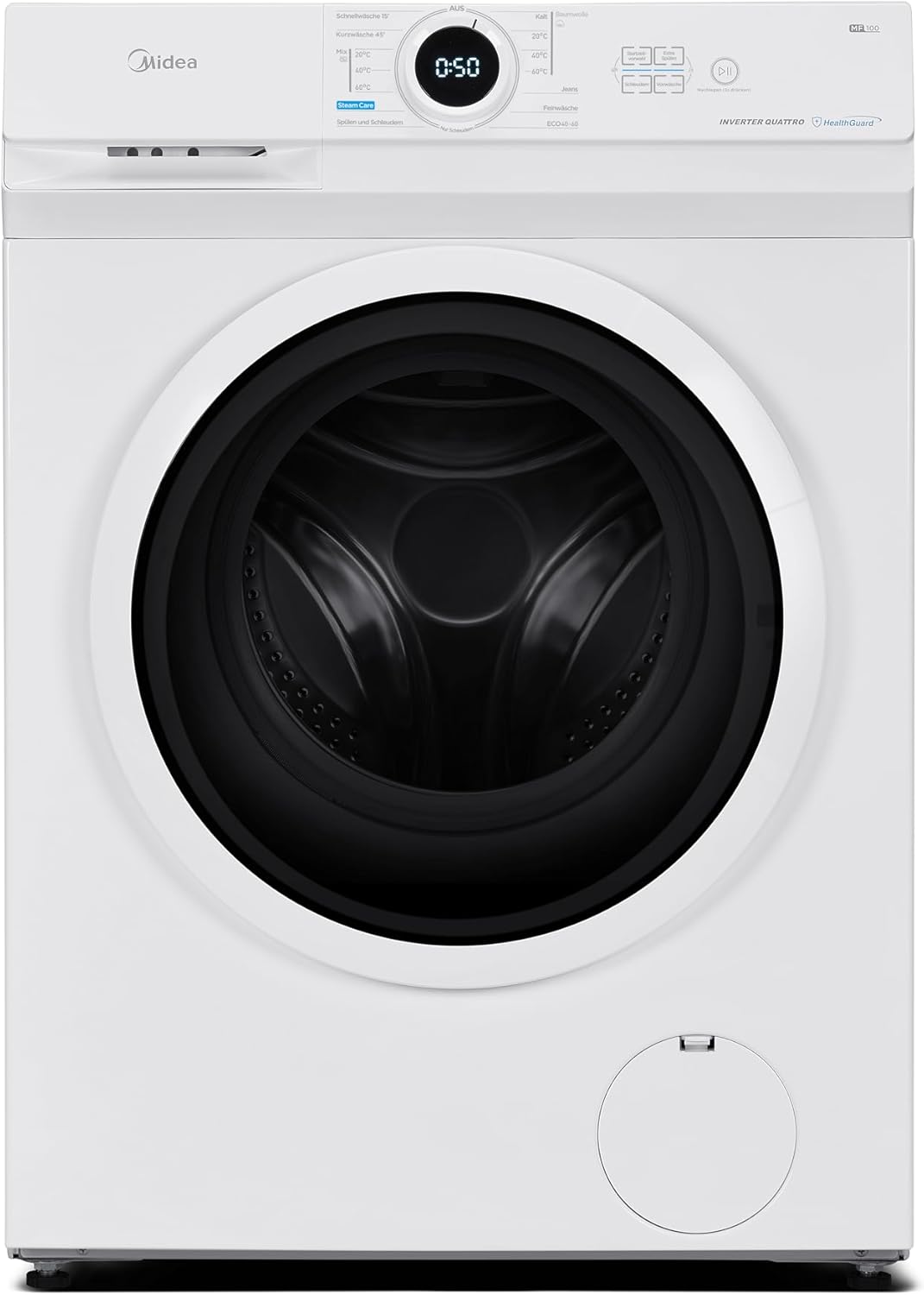 Midea MF10EW80B Waschmaschine / 8kg / 1400 U/Min/EEK A/Inverter Quattro Moto/Dampffunktion/Grosse Trommel/Slim Design/Nachlegefunktion/Kindersicherung/AquaStop, Weiß