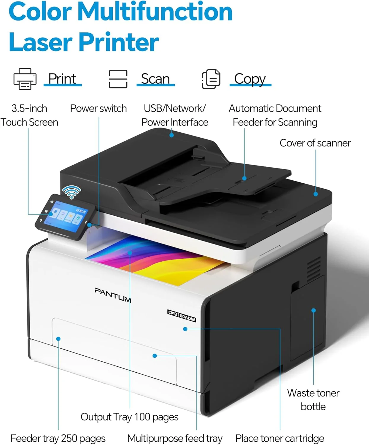 PANTUM CM2100ADW Laserafdruk, kleurenmultifunctionele printer voor afdrukken, kopi?ren en scannen met ADF, automatische dubbelzijdige afdrukken, WLAN NET USB, 20ppm, voor thuis en op kantoor