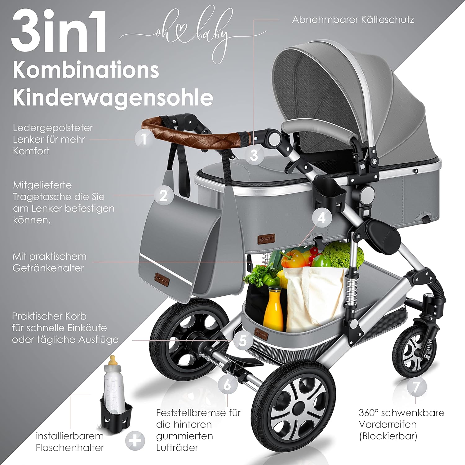 KESSER® Loops 3 in 1 Kinderwagen Kombikinderwagen Komplett-Set inkl. Babywanne & Buggy Sportsitz & Auto-Babyschale Voll-Gummireifen Wickeltasche Regenschutz Kindertisch ECE R129, Grau/Silber