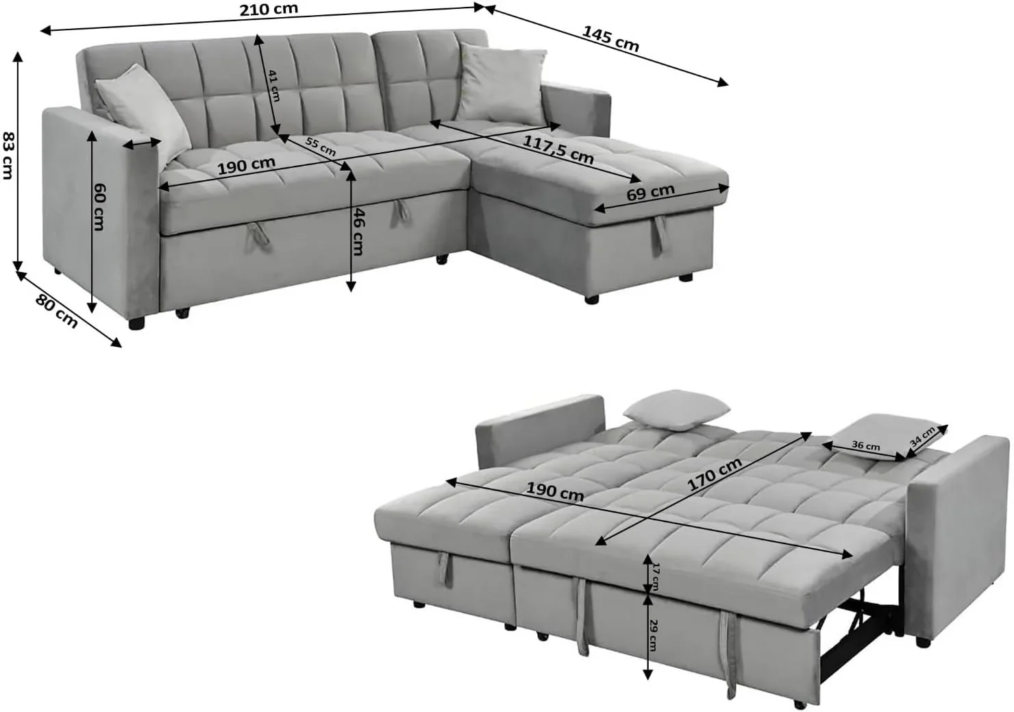 2026 Sofá Cama Chaise Longue 210x145 cm - Chaise Longue Reversible Ambos Lados con Arcón, Sofa Rinconera con Sistema de Arrastre, Armazón de Pino Macizo - Gris Terciopelo