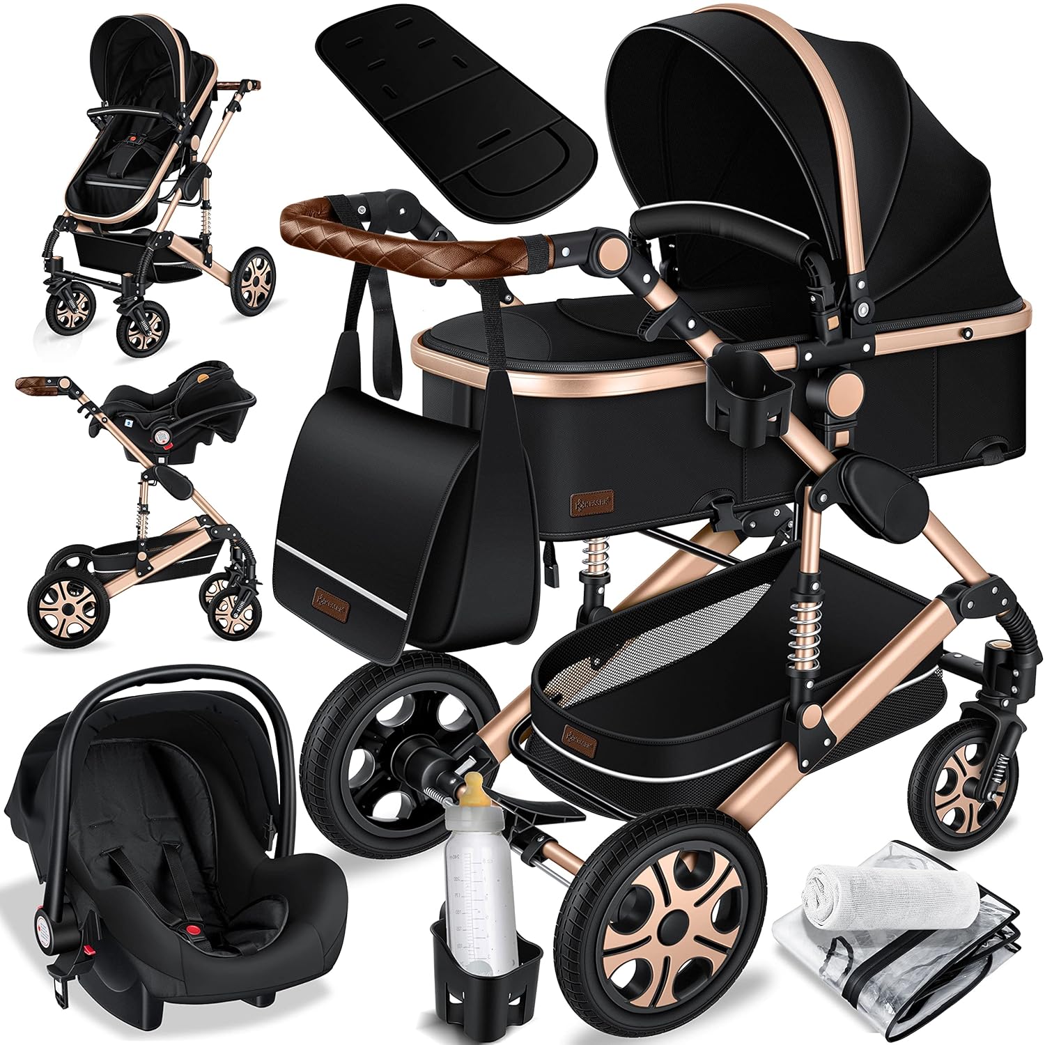 KESSER® Loops 3 in 1 Kinderwagen Kombikinderwagen Komplett-Set inkl. Babywanne & Buggy Sportsitz & Auto-Babyschale Voll-Gummireifen Wickeltasche Regenschutz Kindertisch ECE R129, Grau/Silber