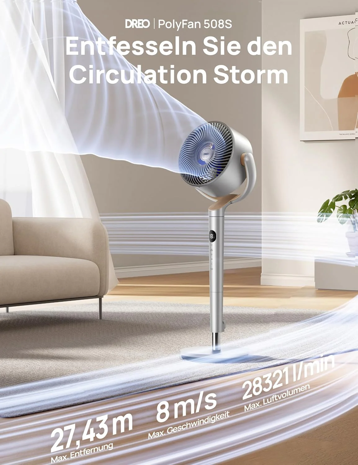 Dreo Slimme Staande Ventilator met RGB-licht, 120�� +120�� Oscillerende Ventilator met Afstandsbediening, 20dB Stille Vloerventilator voor Slaapkamer, 8H Timer, Zilver