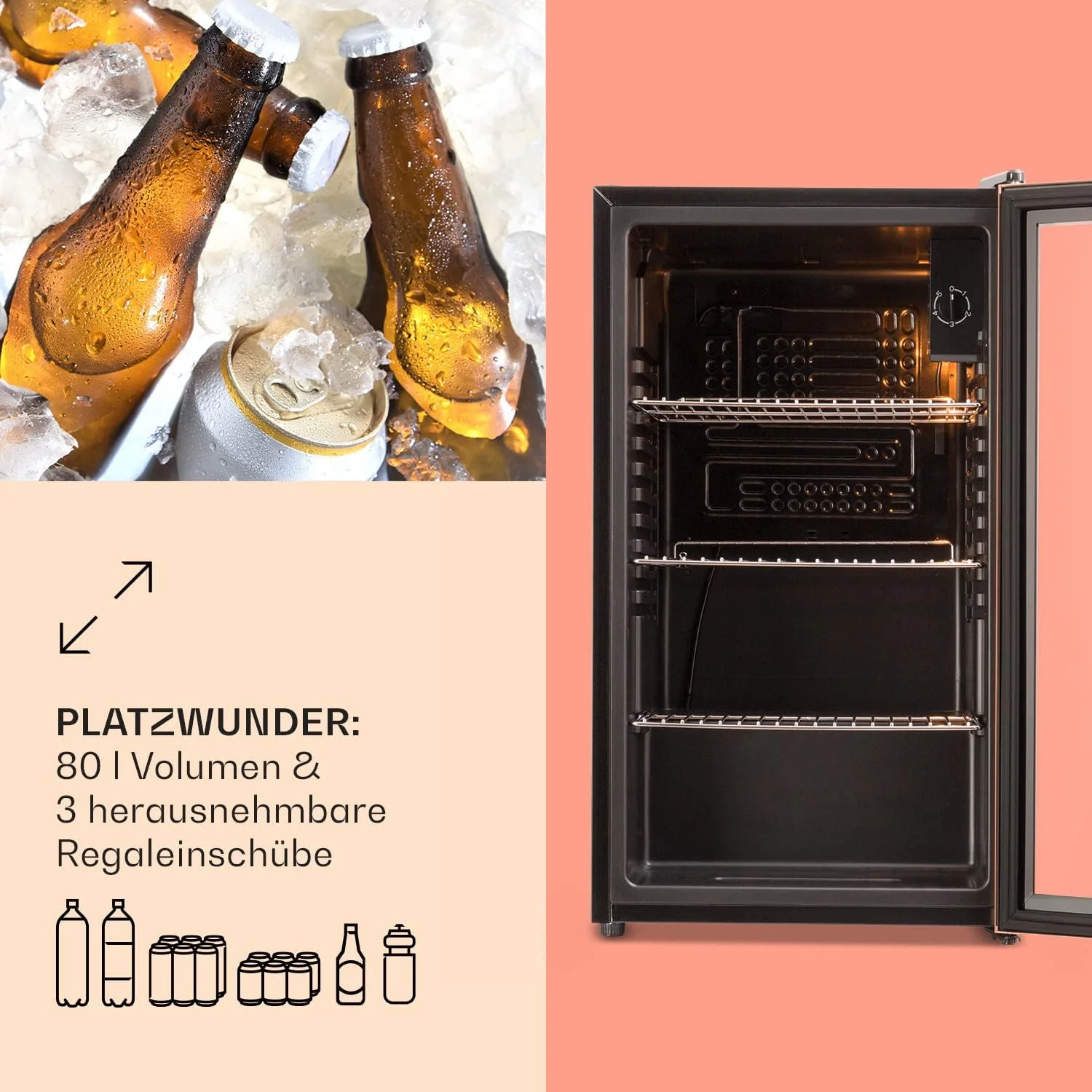 Klarstein Mini Koelkast met Glazen Deur voor Kamer, Drankenkoelkast met Verstelbare Planken, Klein 80 Liter, Indoor/Outdoor Koelkast Stil