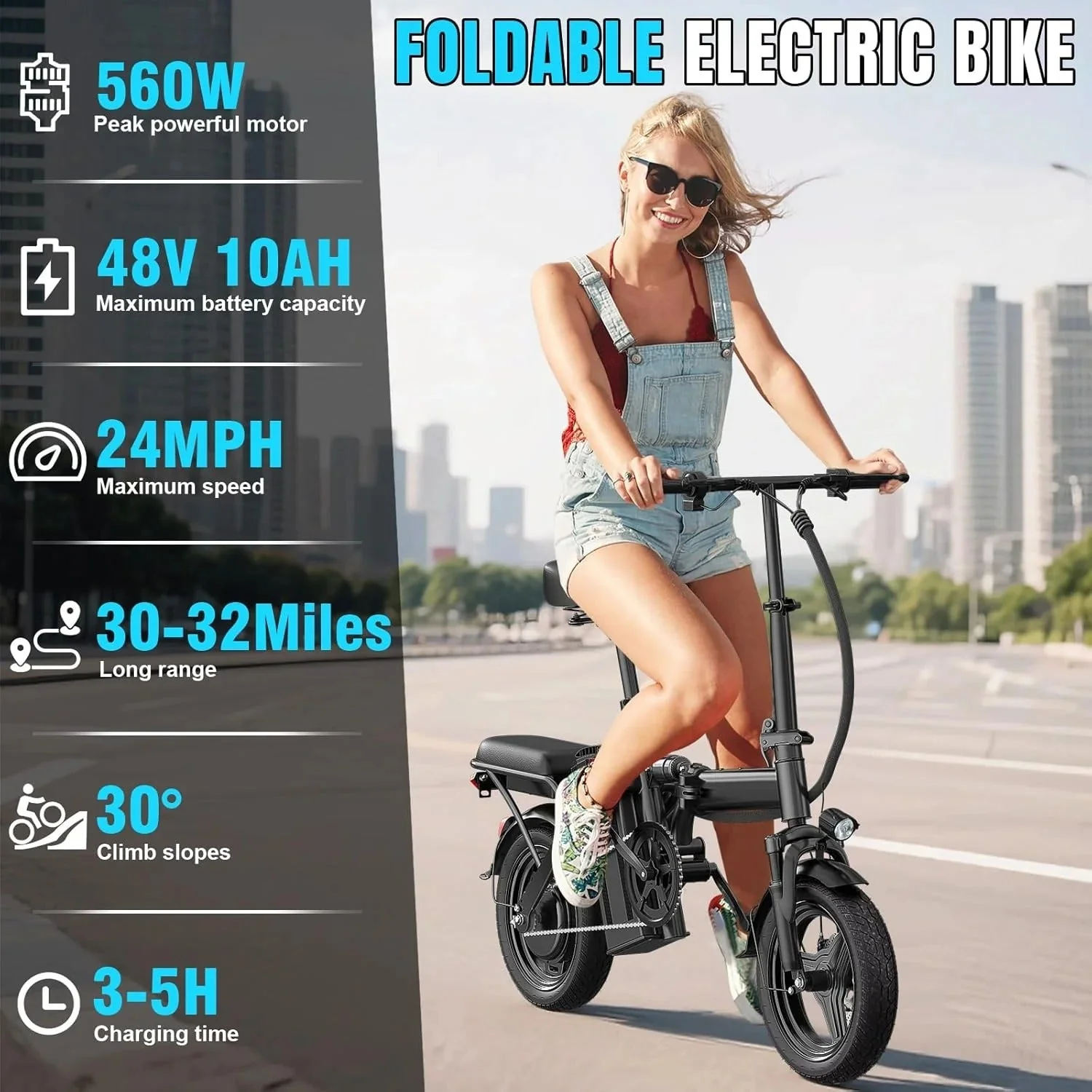 Electric bicycle for adults and teenagers, foldable e-bike for commuters and city use, foldable e-bike motor 48V 24MPH