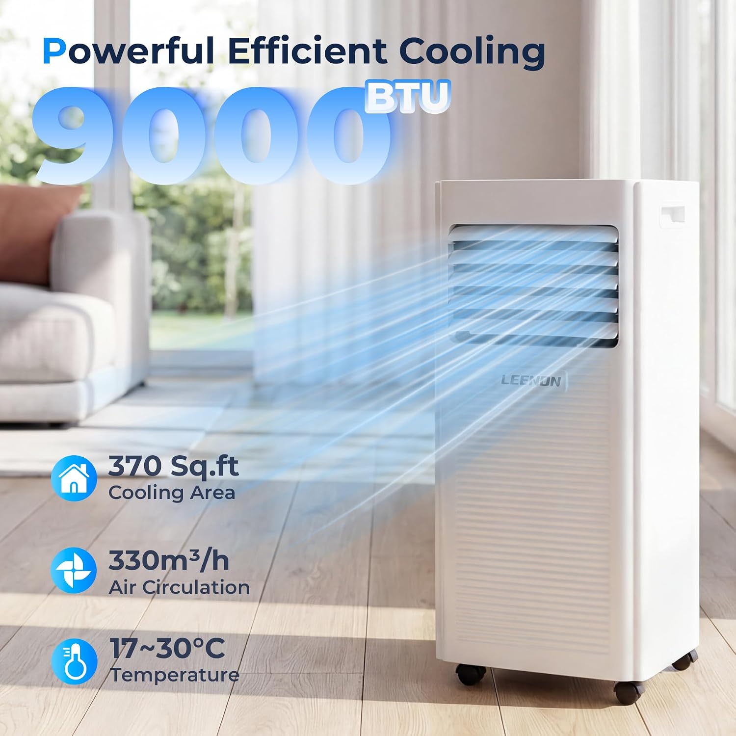 LEENON Klimaanlage Mobil Klimagerät 9000 BTU, 4 in 1 Kühlen Entfeuchten Lüftermodus Schlafmodus, 2.6KW Mobile Klima mit Abluftschlauch, Fernbedienung/ 24h-Time, Air Conditioner, Für Räume bis 35 m²
