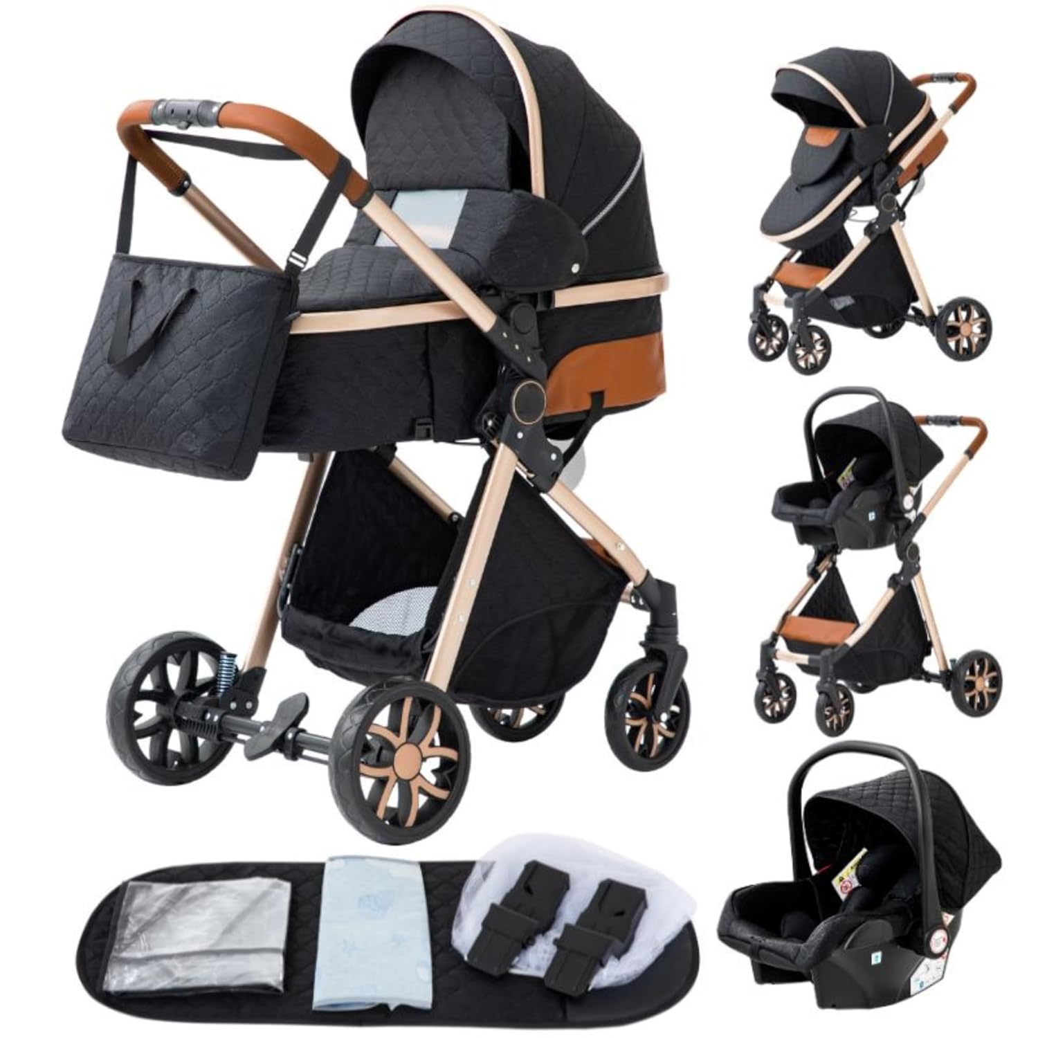 YAZOCO kinderwagen 3 in 1 Buggy Babybett Komplett Set Einem Klick Zusammenklappbarer Kinderwagen, KombiKinderwagen Aluminiumrahmen für Neugeborene (Schwarz)