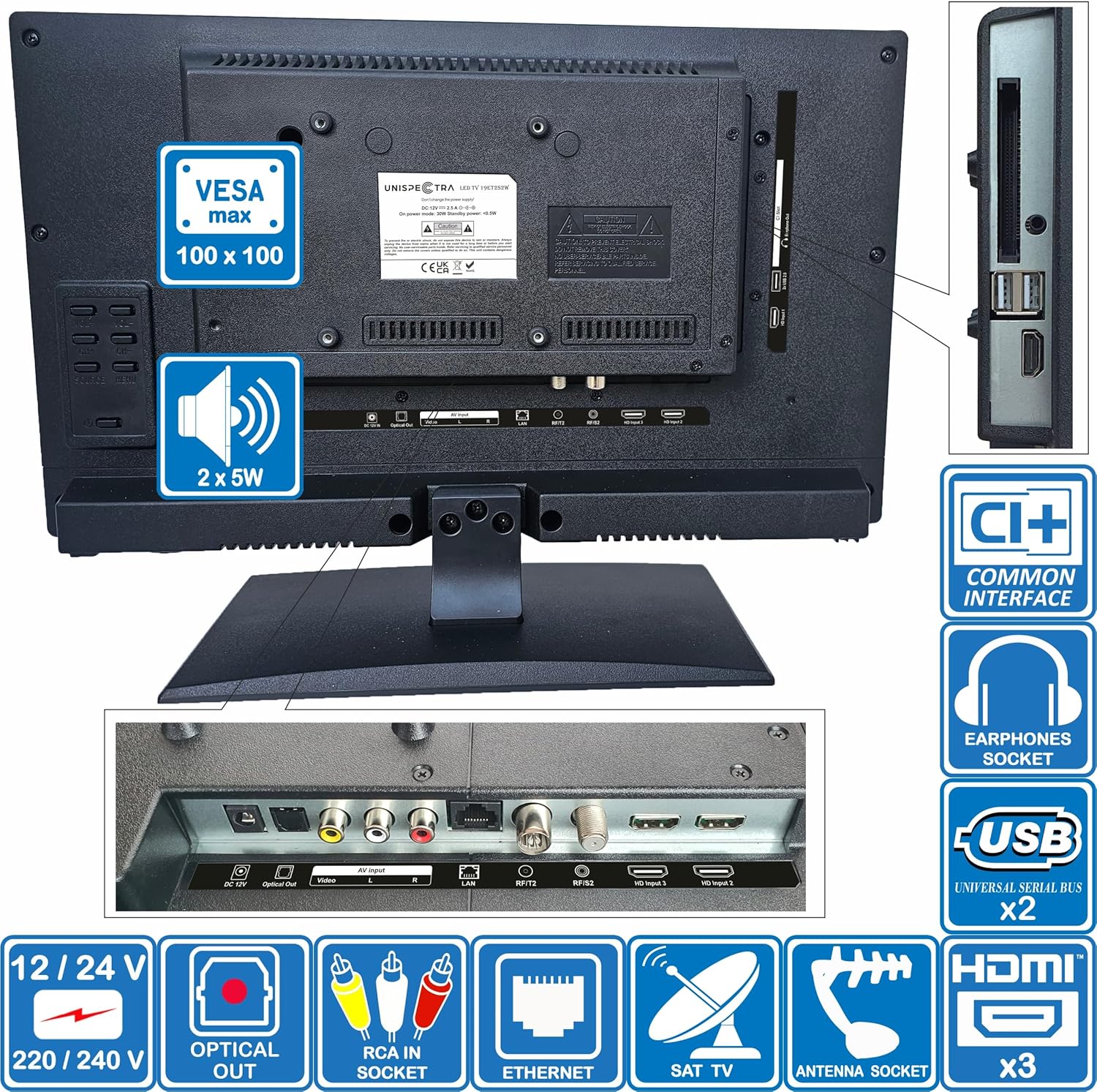 Unispectra ® 19 inch Smart TV (webOS) ELED + Magic Remote. 230 V 24 V. Triple Tuner TDT, Sat and Cable. 3 x HDMI. 12 V TVs for Motorhomes, Caravans TV, Trucks, Boats