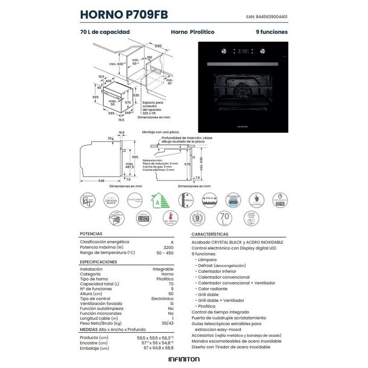 Horno Pirolitico Infiniton P709fb, 70 L, 60 Cm De Ancho, A, 3200 W, Negro