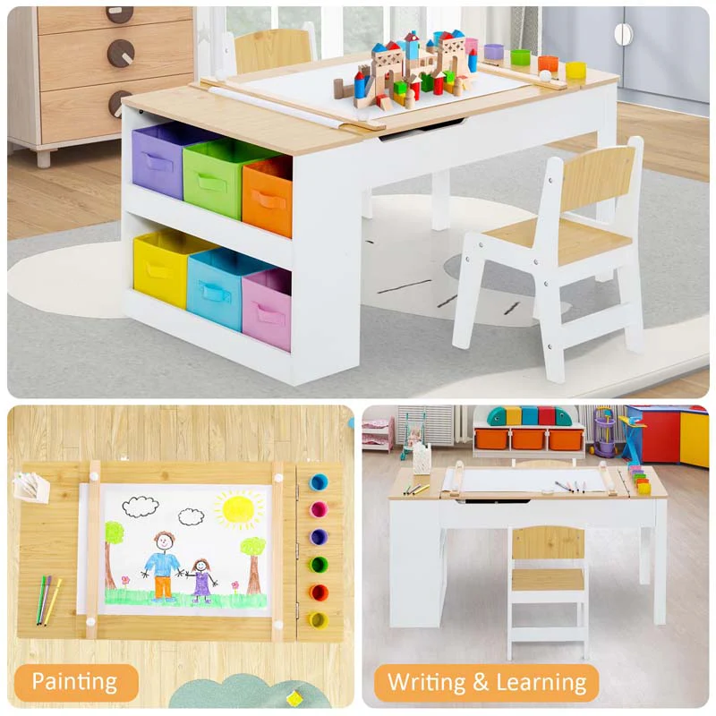 2-in-1 Kids Art Table Chair Set for Drawing Writing, Toddler Craft Play Wood Activity Desk w/2 Chairs Paper Roll Storage Canvas Bins